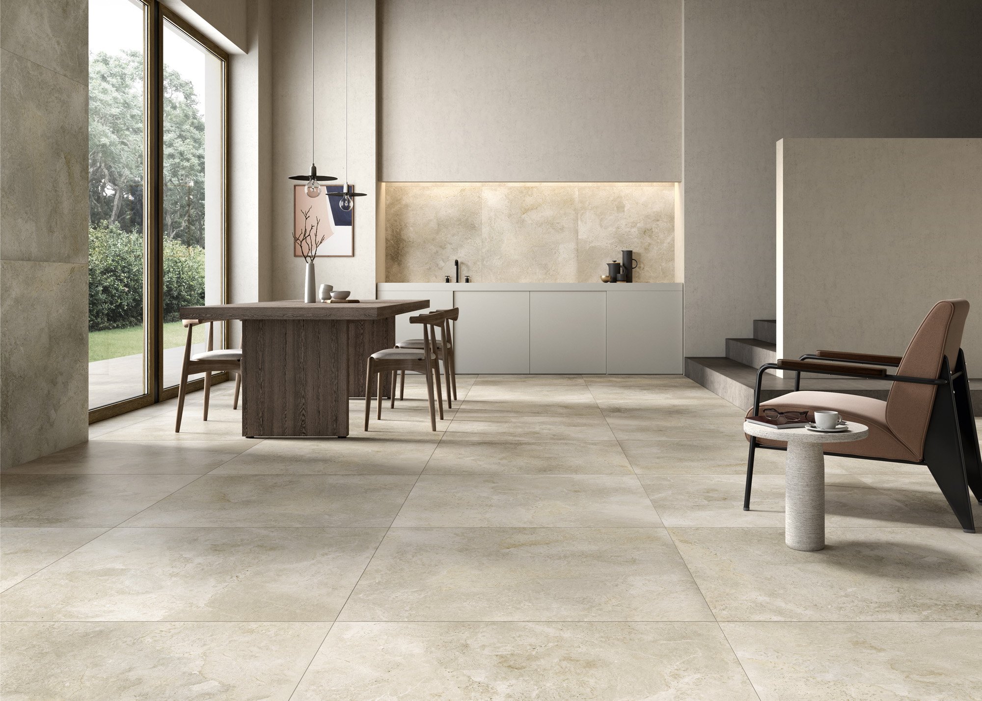 Clean and timeless concrete effect tile suitable for kitchens and living areas.
