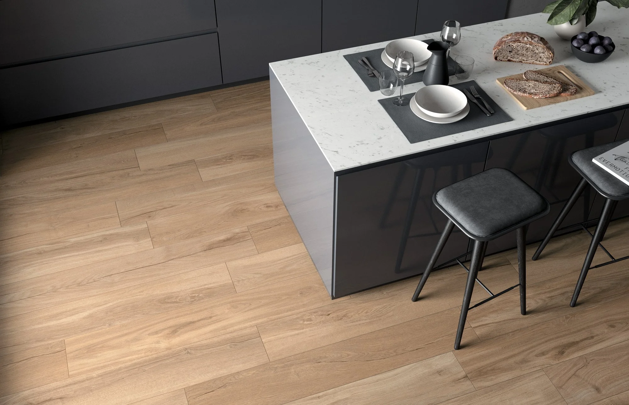 Wood effect porcelain plank tile installed in a modern Toronto home environment.