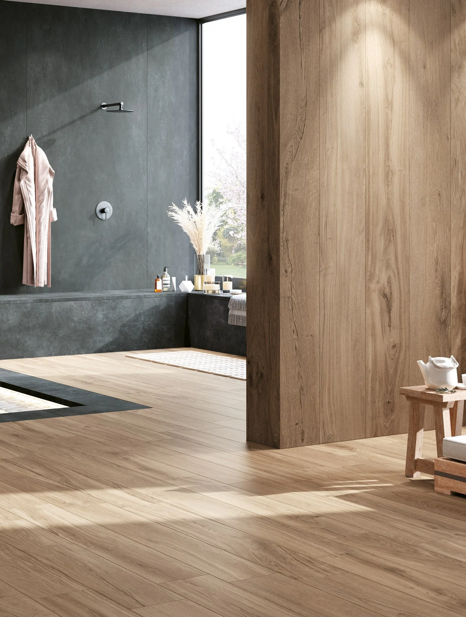 Modern Toronto home finished with wide plank wood look porcelain tile floors.