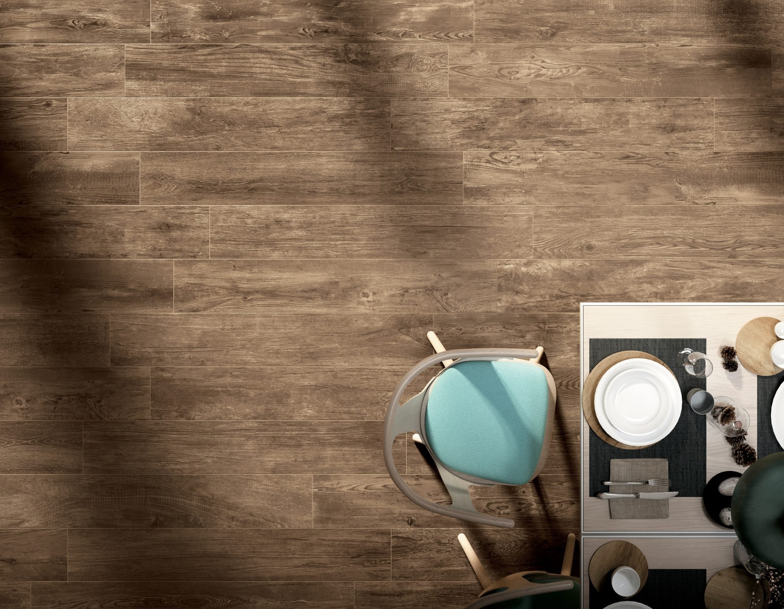 Natural wood style porcelain plank tile used in a modern home by Sapphirus Stone & Tile.