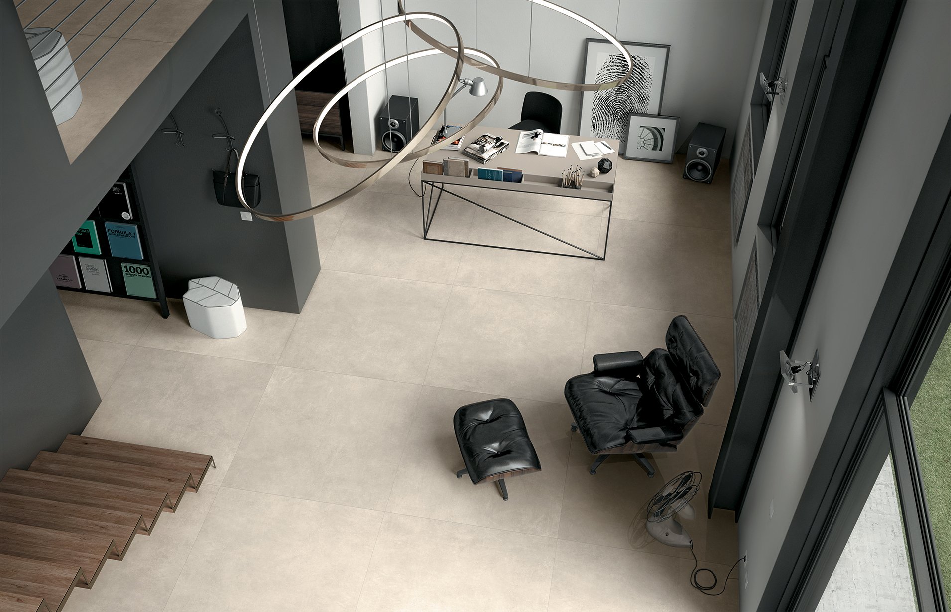 Industrial-style concrete look tile flooring with refined texture.