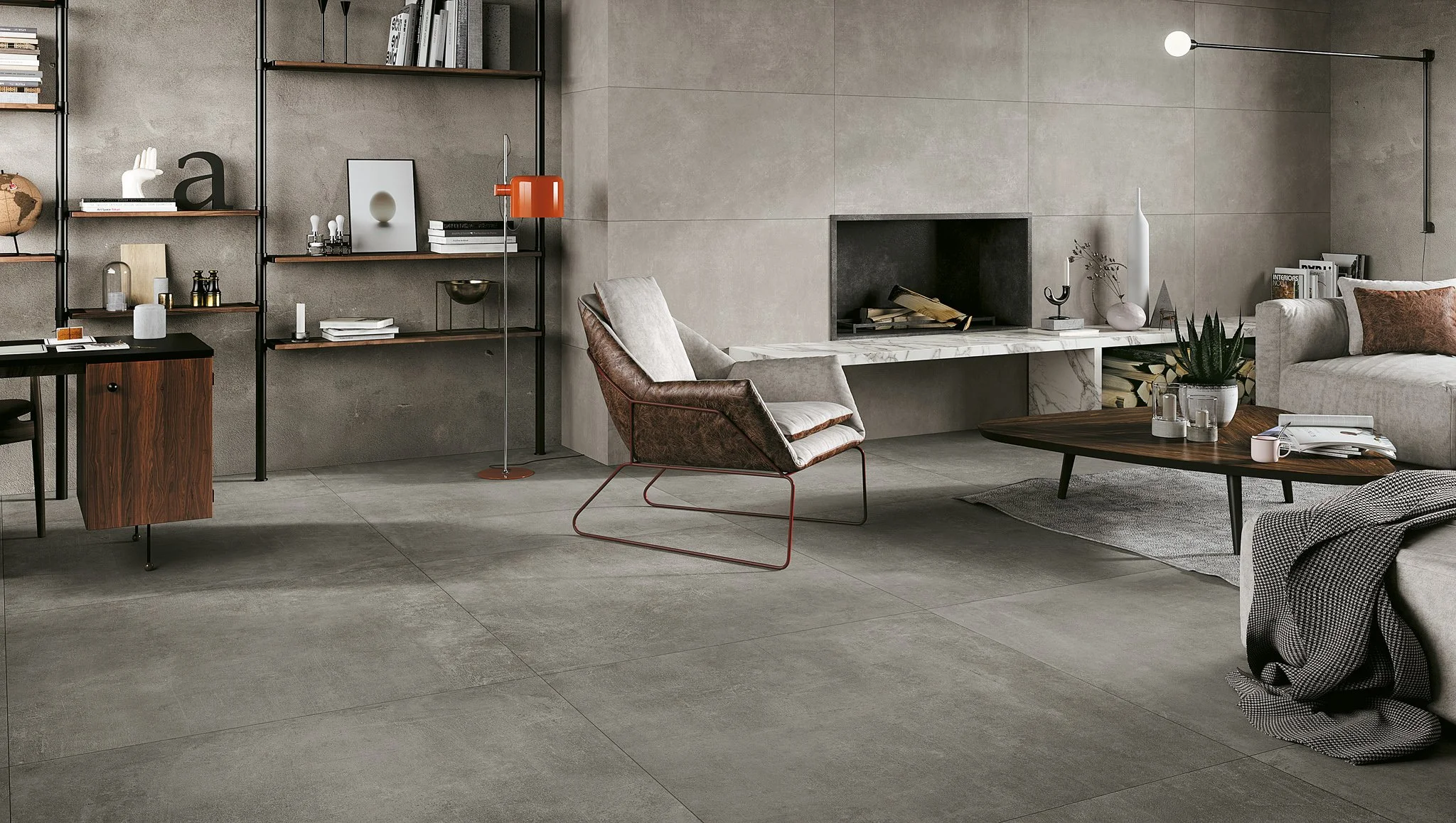Toronto condo interior featuring concrete look porcelain tile flooring.