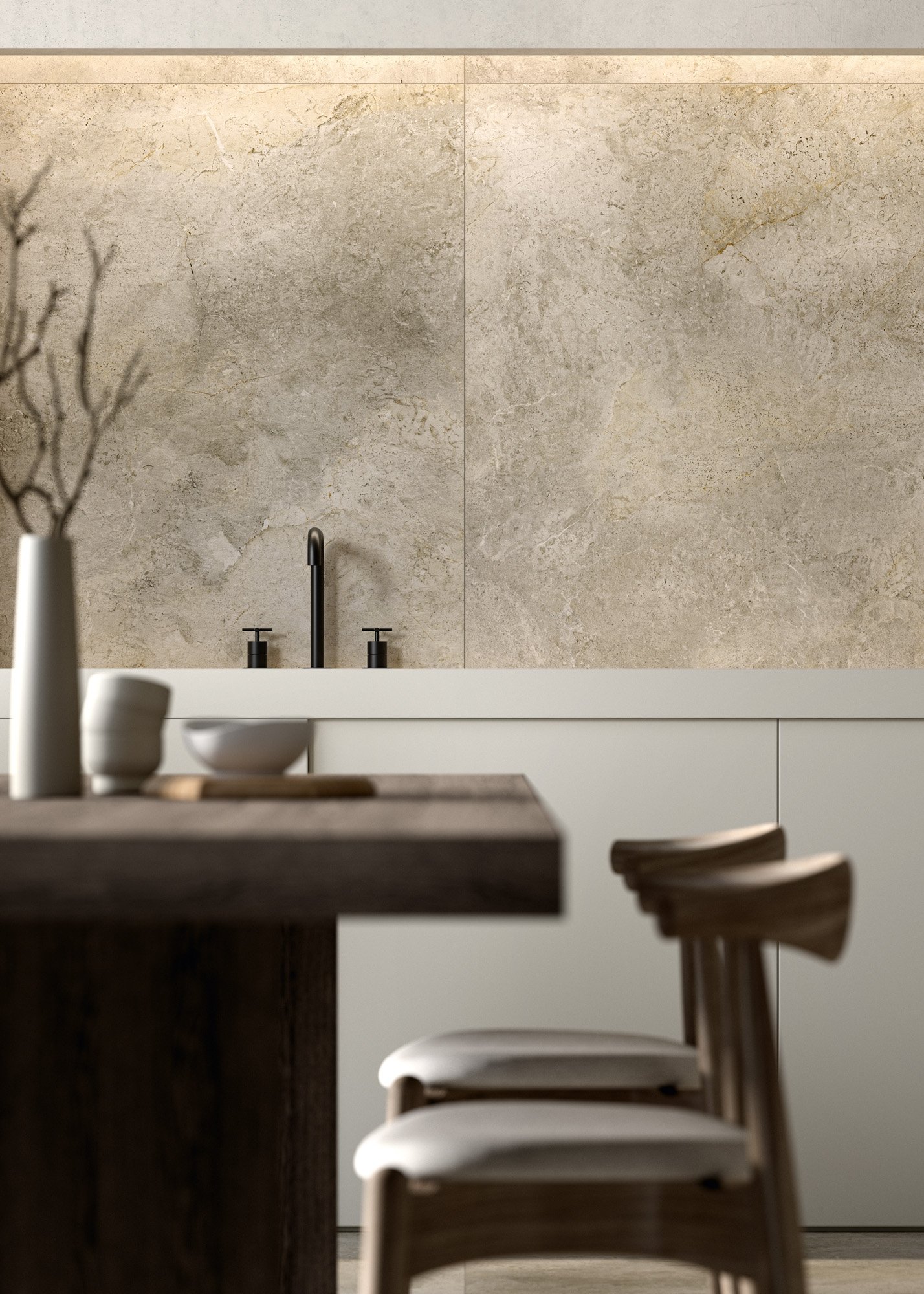 Concrete look porcelain tile floor paired with modern furniture and natural light.