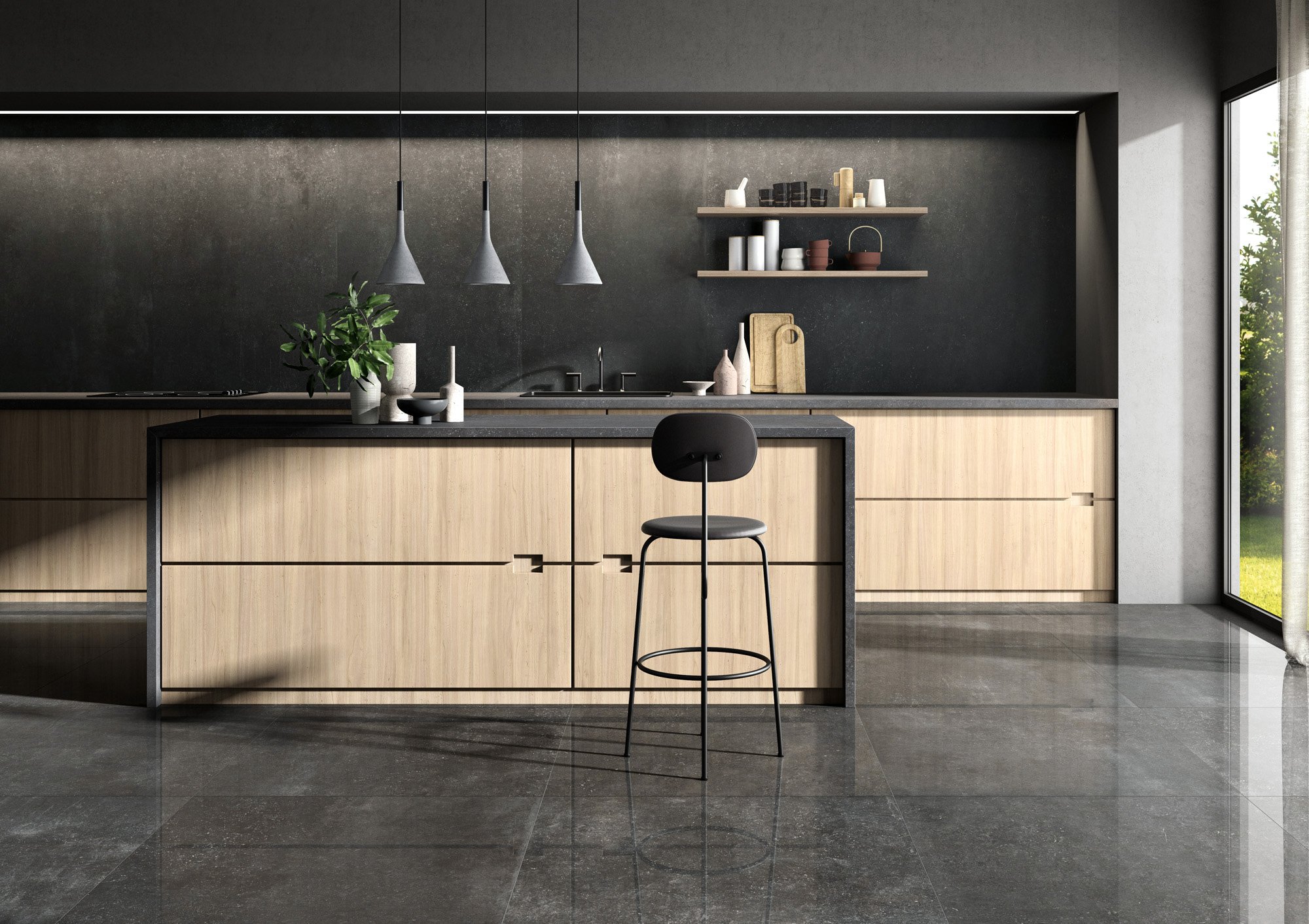 Concrete effect porcelain tile floor with minimalist design appeal.