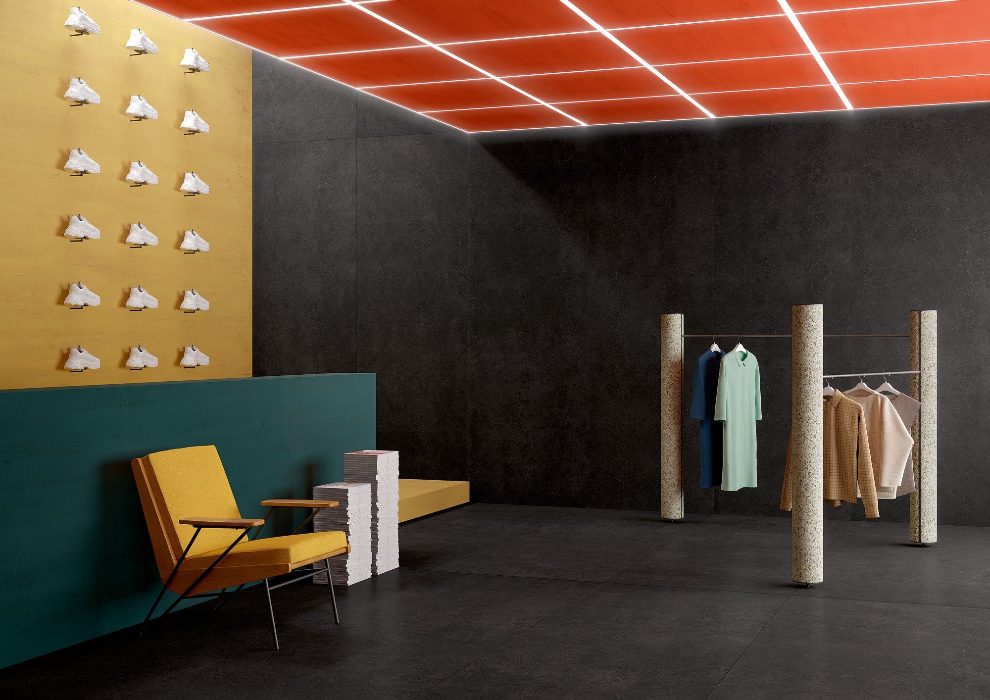 Neutral concrete look porcelain tile suitable for kitchens and open living areas.