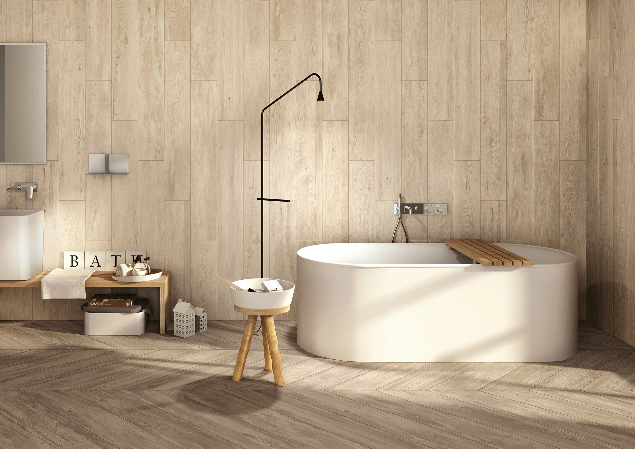 Wide plank porcelain wood look flooring offering a modern and durable finish.