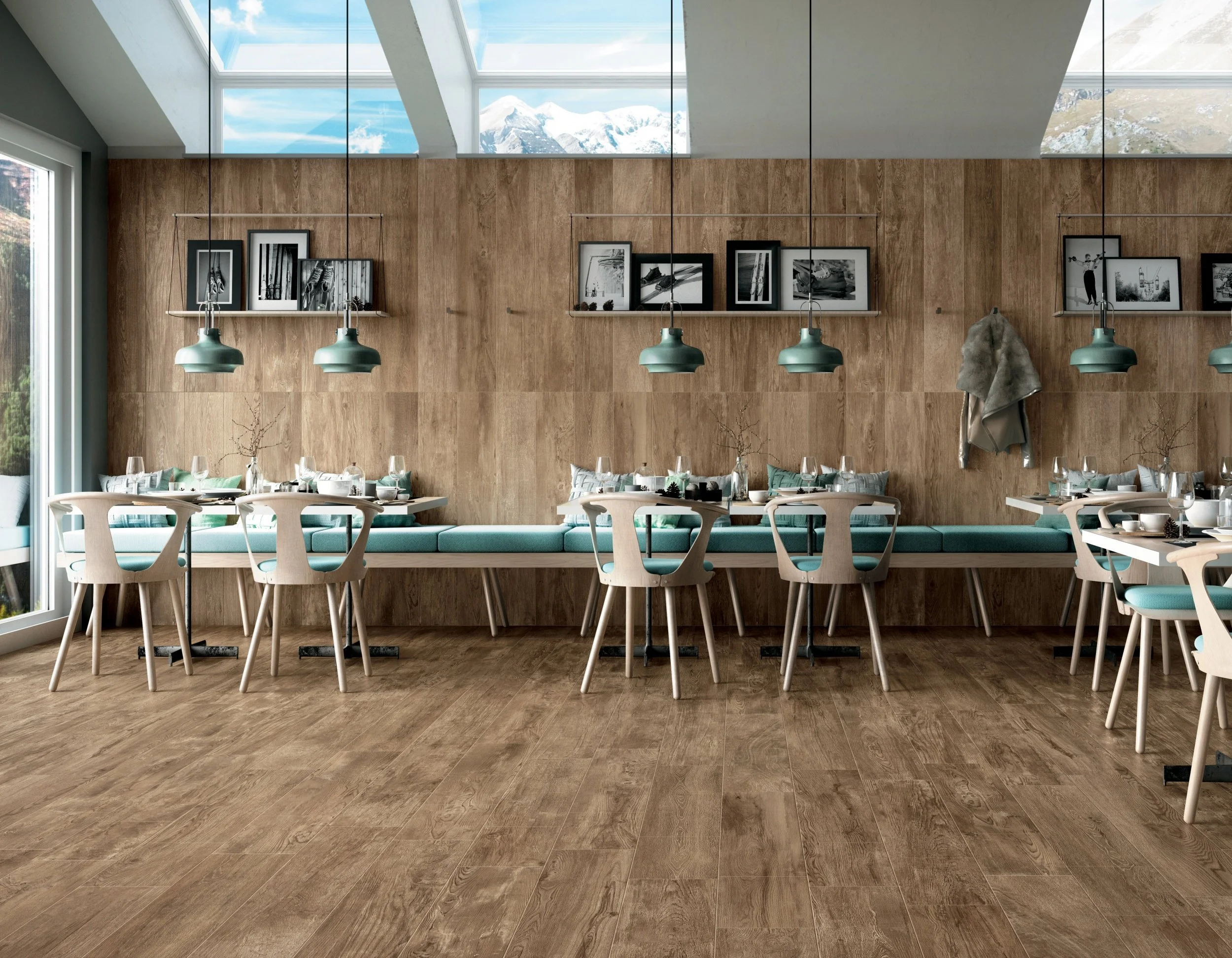 Wide plank wood look porcelain tile adding warmth to a modern interior space.