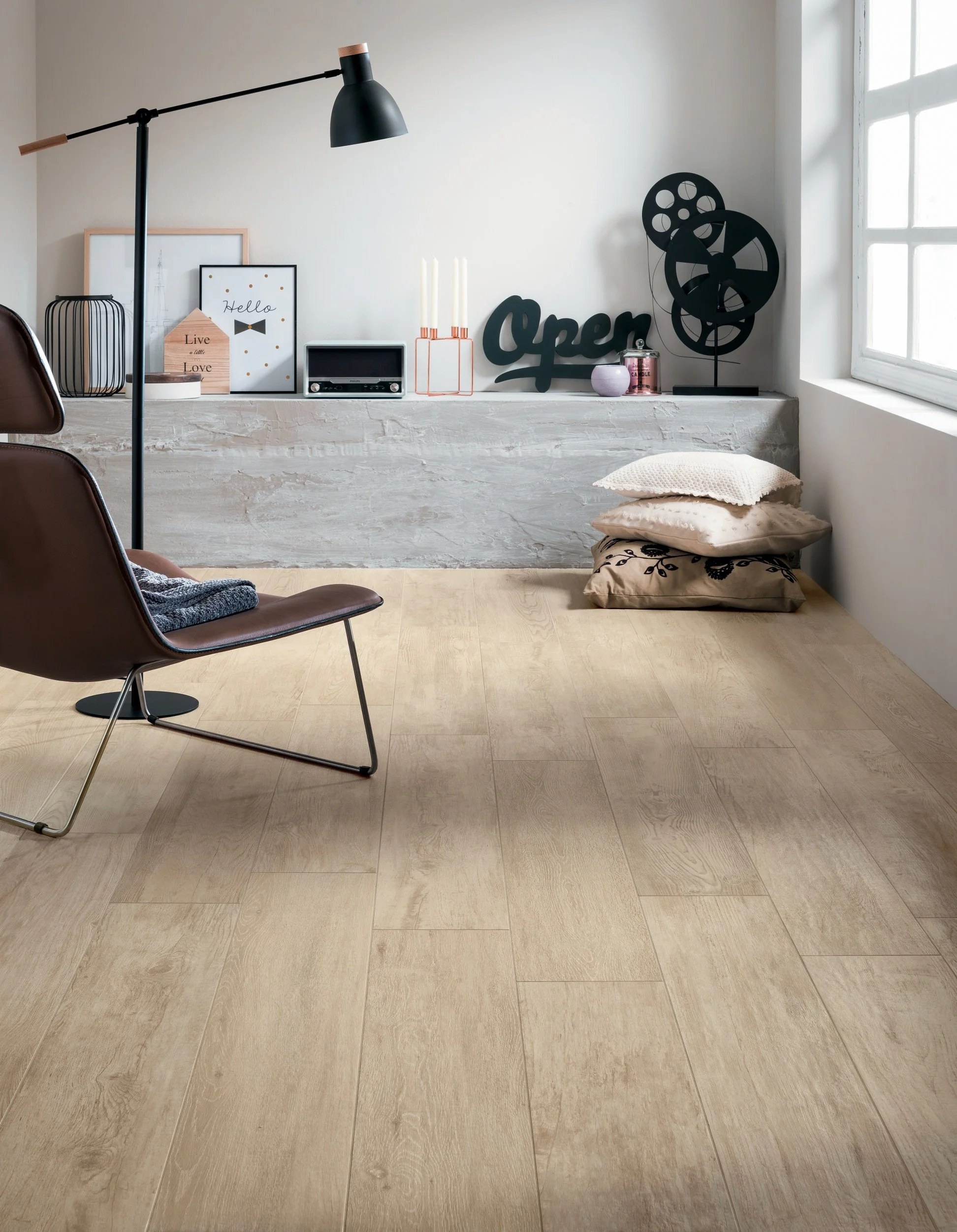 Wood look porcelain plank tile installed in a stylish Toronto living area.