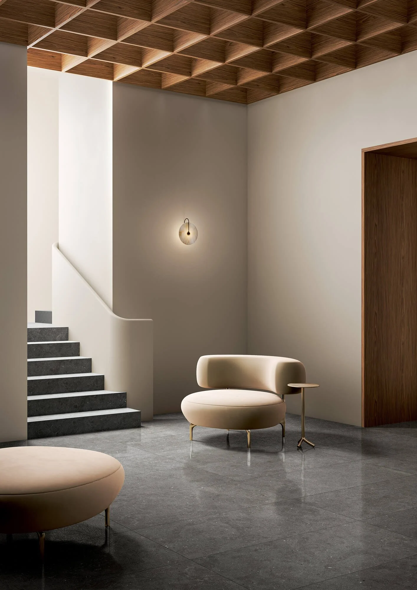 Modern architectural space finished with concrete look porcelain tiles.