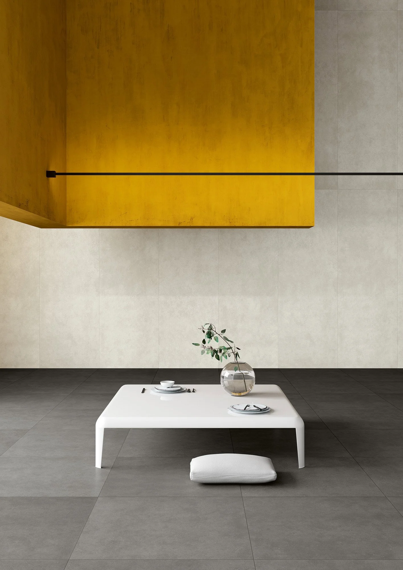 Concrete effect porcelain tile with subtle texture for modern living spaces.