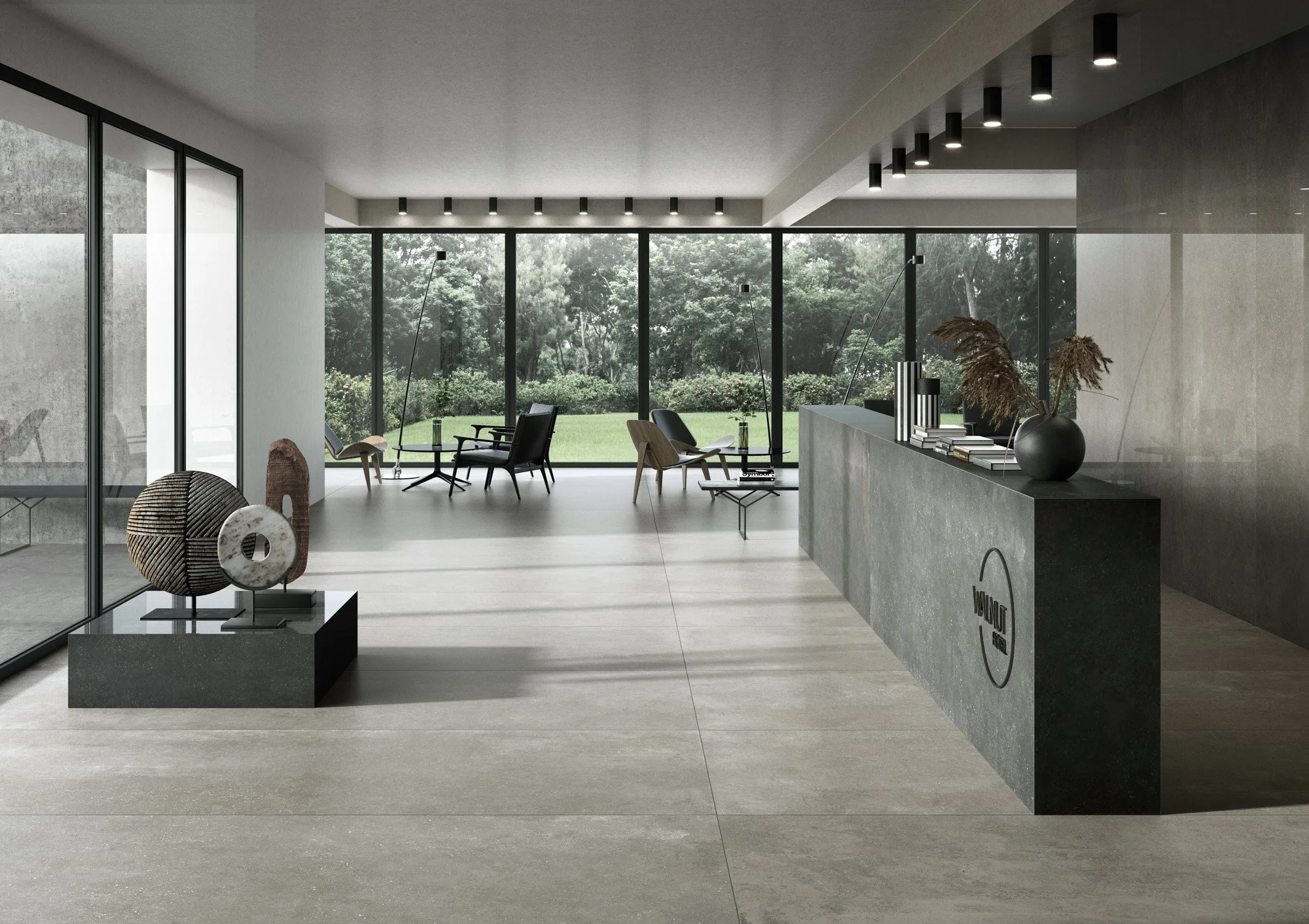 Concrete look porcelain tile flooring by Sapphirus Stone & Tile Toronto.