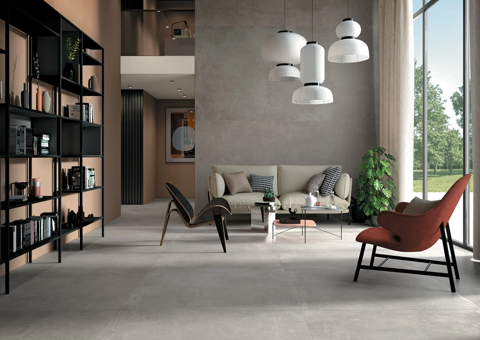 Large-format concrete look porcelain tile creating a seamless modern floor design.