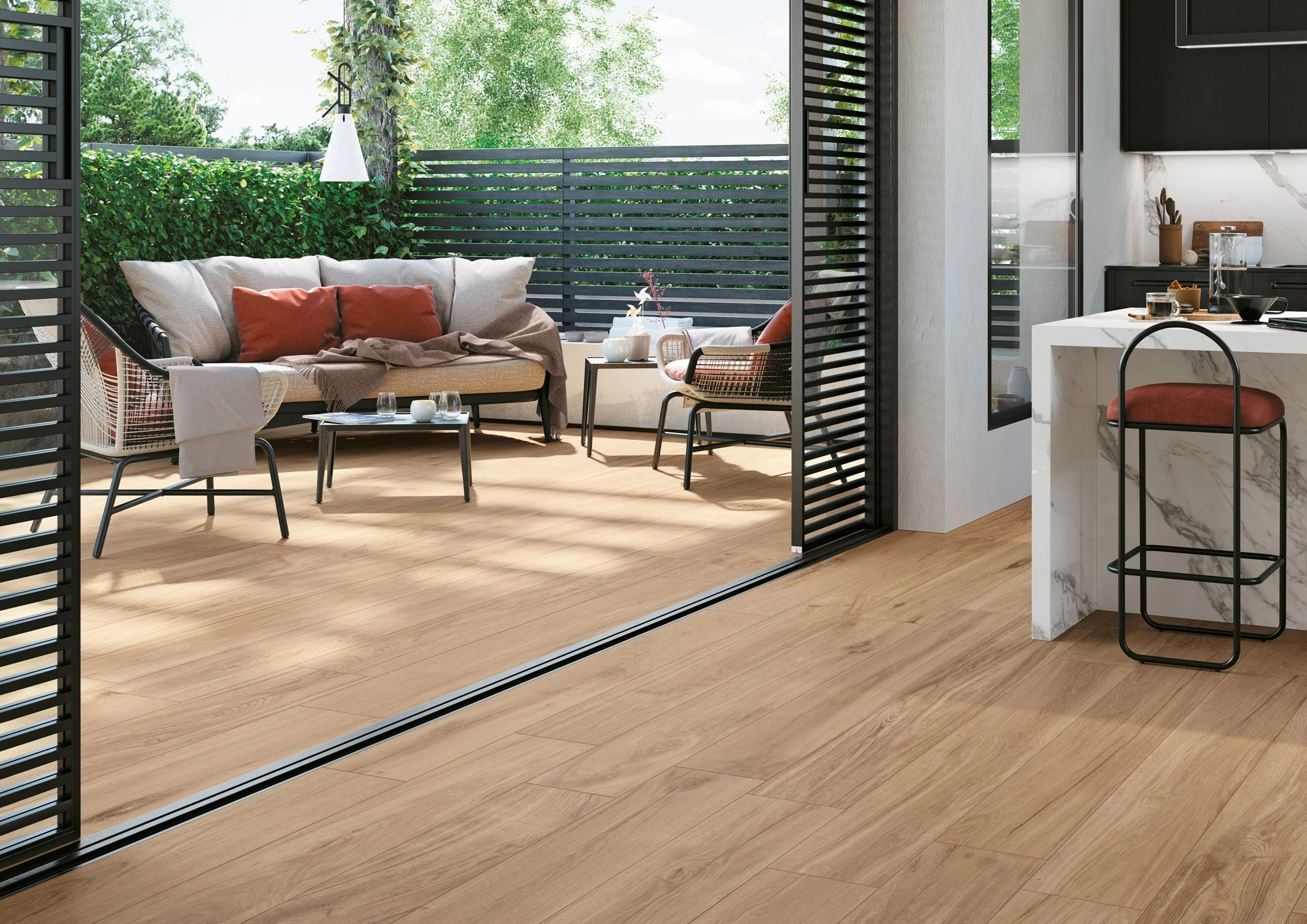 Wide plank porcelain wood look tile delivering a warm and contemporary feel.