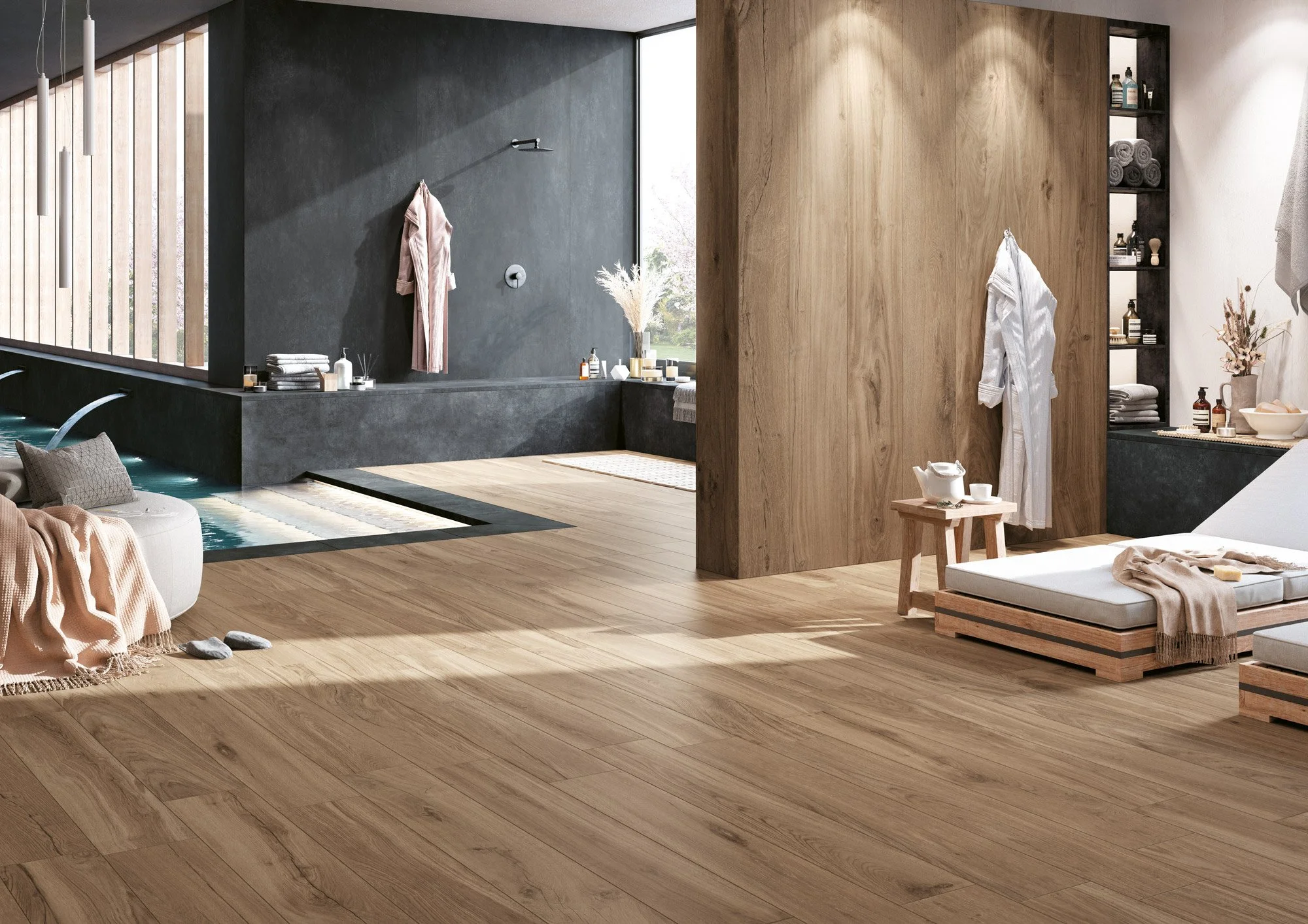 Modern wood look porcelain tile enhancing contemporary interior design.
