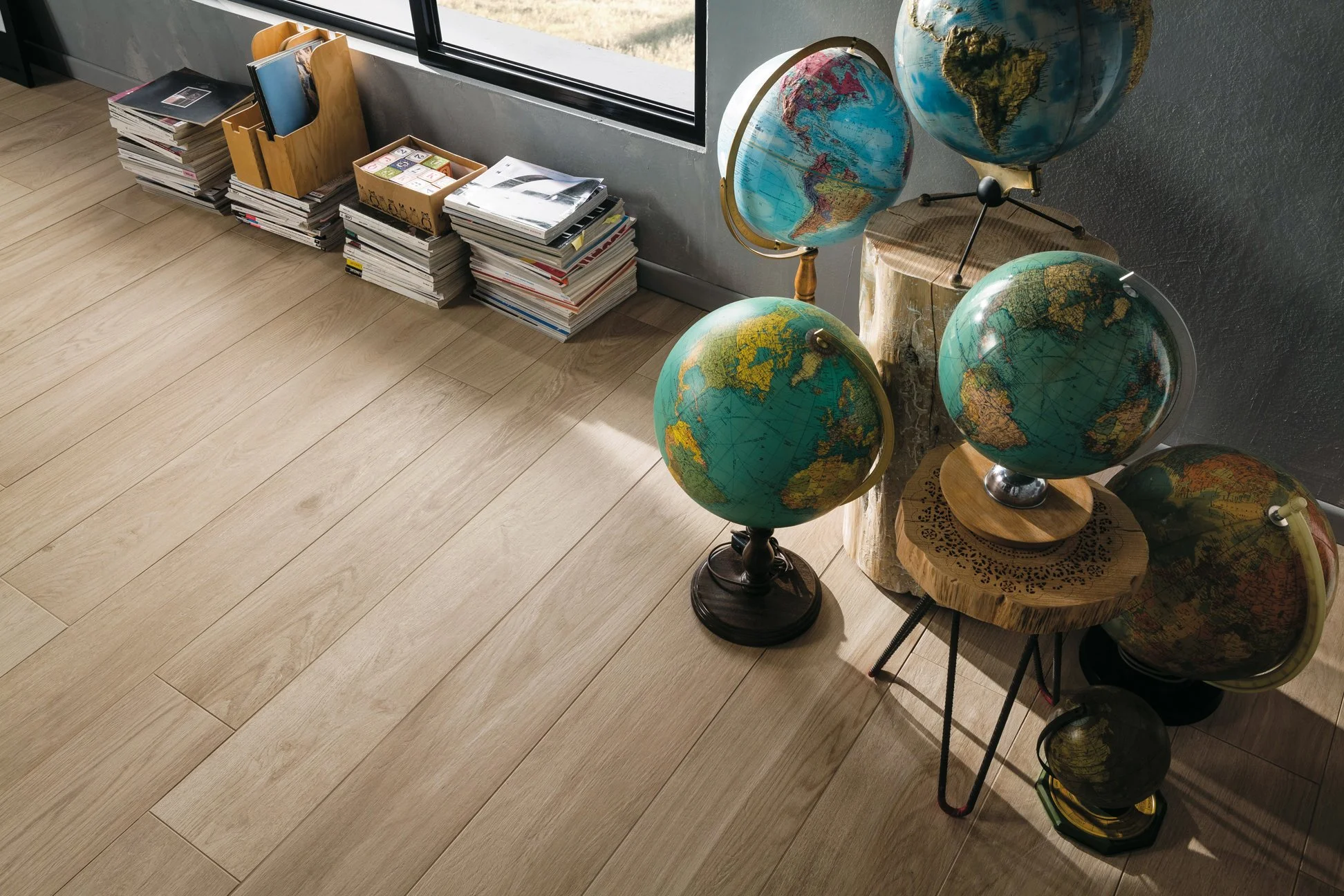 Light tone wood look porcelain tile brightening modern interior spaces.