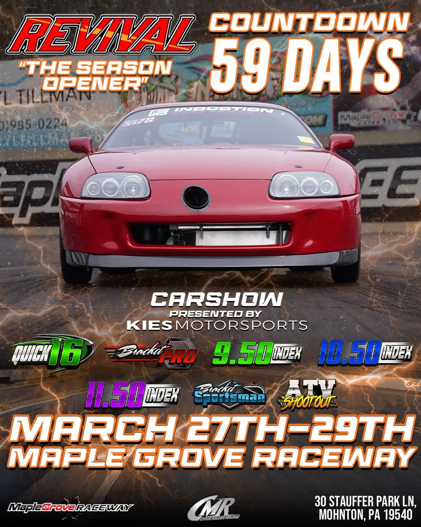 The Season Opener will be here before you know it! Be ready. Tickets go on sale soon 🔥
Instagram DM 📲 @chrismillerracing
Website 💻 www.cmrproductions.com
Email 📩 info@cmrproductions.com

#CMRProductions #Dragracing #maplegroveraceway #drifting #P