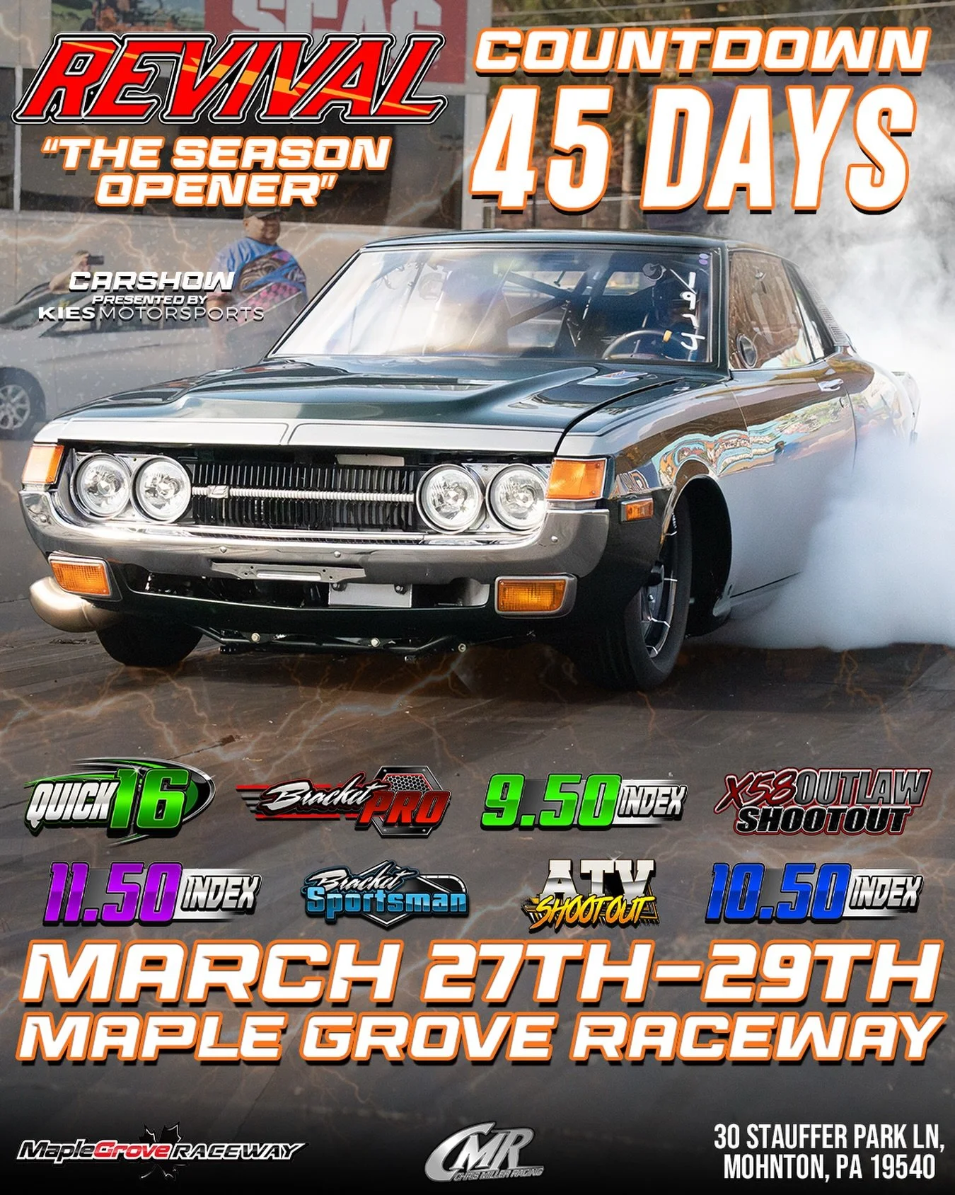 The Season Opener 👀🔥
Revival March 27th, 28th, and 29th 
Instagram DM 📲 @chrismillerracing
Website 💻 www.cmrproductions.com
Email 📩 info@cmrproductions.com

#CMRProductions #Dragracing #maplegroveraceway #drifting #Pennsylvania