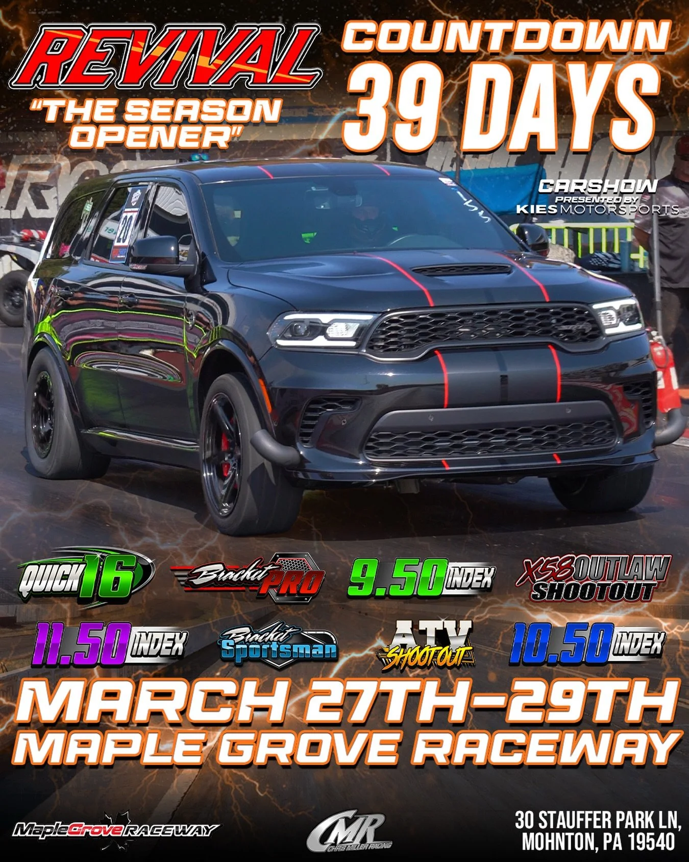 Just 39 days away 👀🚨
Instagram DM 📲 @chrismillerracing
Website 💻 www.cmrproductions.com
Email 📩 info@cmrproductions.com

#CMRProductions #Dragracing #maplegroveraceway #drifting #Pennsylvania