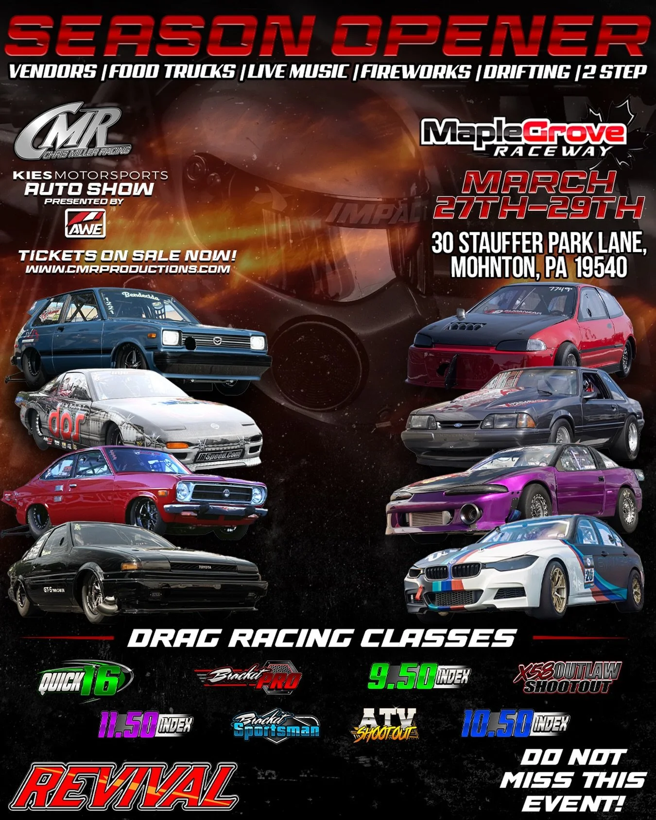 Season opener is coming fast! Tickets are on sale and going fast. Going to be an awesome event with good vibes. The Kies Autoshow presented by @awetuningofficial with some of the hottest drag racing classes in the north east. We have a class for almo