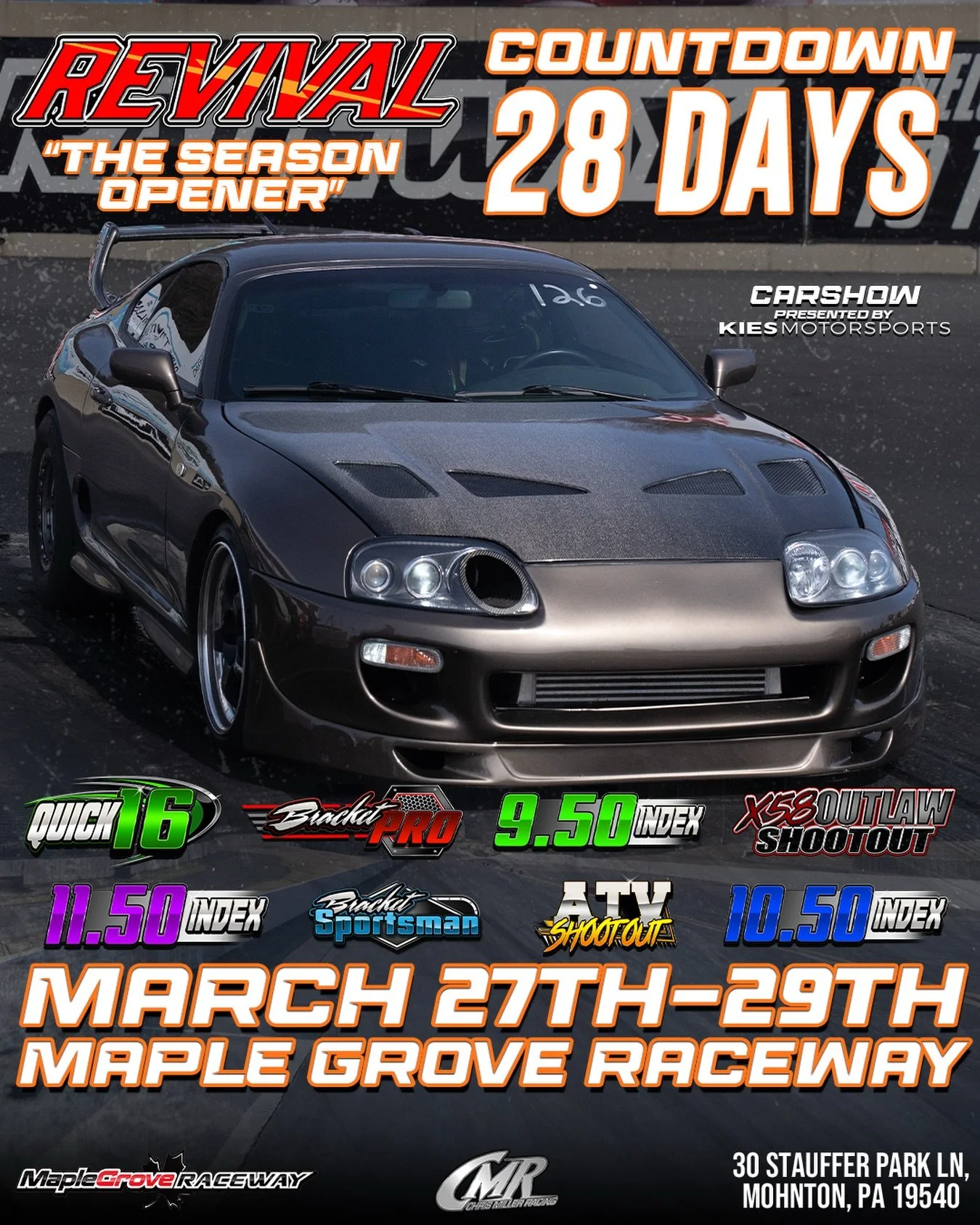 Only 28 days away from Revival ‼️
Instagram DM 📲 @chrismillerracing
Website 💻 www.cmrproductions.com
Email 📩 info@cmrproductions.com

#CMRProductions #Dragracing #maplegroveraceway #drifting #Pennsylvania