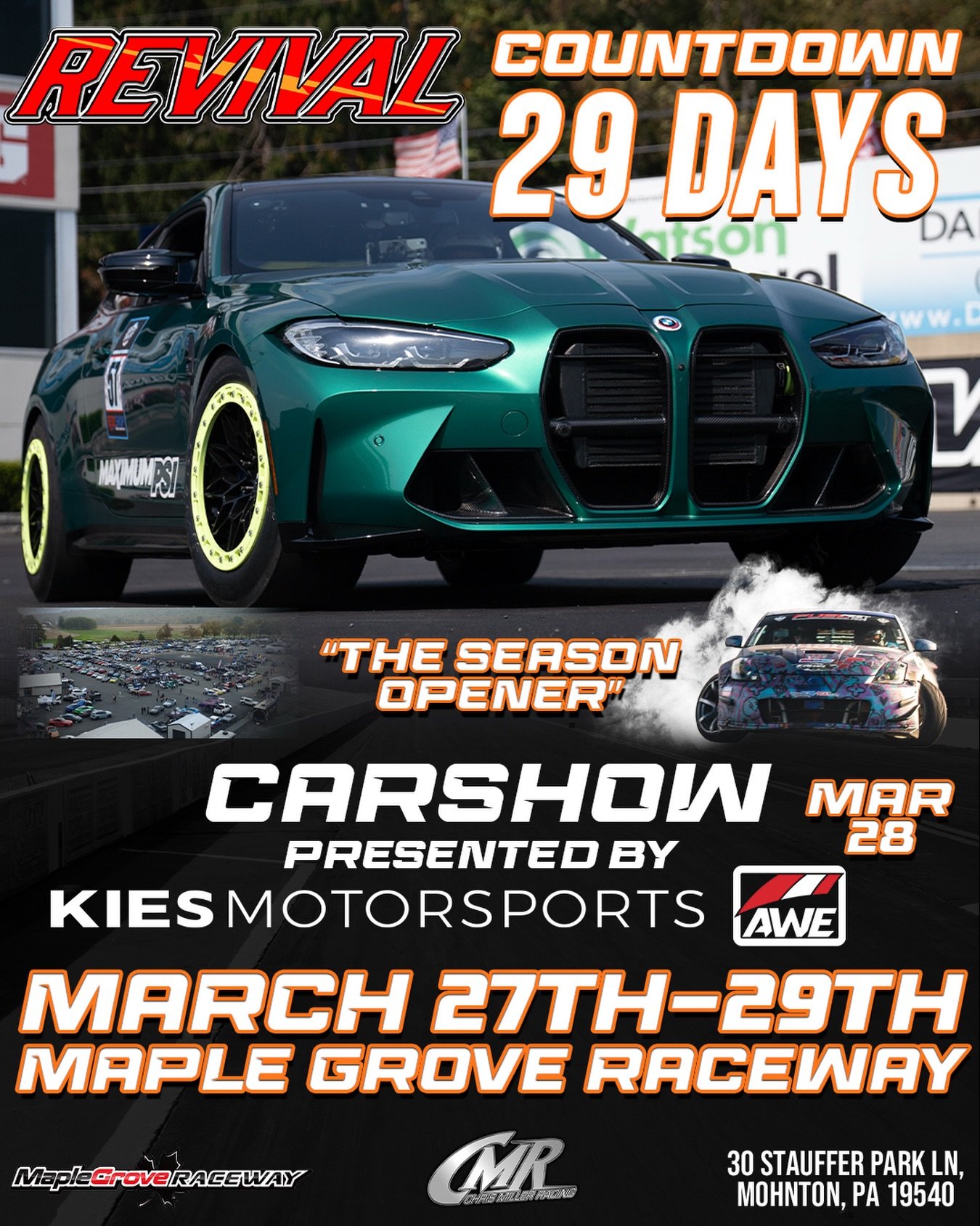 29 Days away from Revival and 30 days away from the @kiesmotorsports Auto Show! Don&rsquo;t miss out on this ‼️
Instagram DM 📲 @chrismillerracing
Website 💻 www.cmrproductions.com
Email 📩 info@cmrproductions.com

#CMRProductions #Dragracing #mapleg