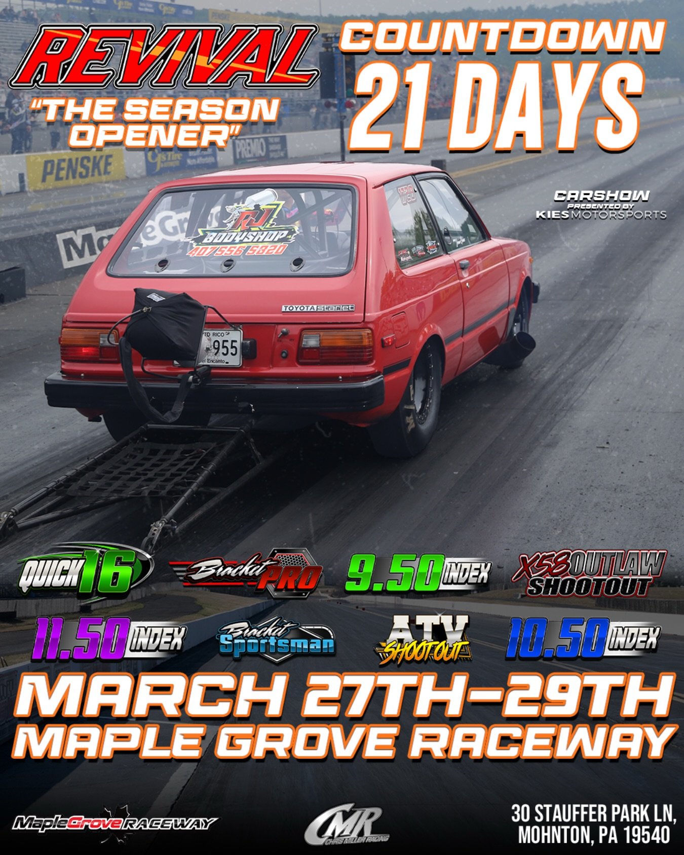 Revival The Season Opener you don&rsquo;t want to miss!
March 27th-29th @maplegrove1320 
Instagram DM 📲 @chrismillerracing
Website 💻 www.cmrproductions.com
Email 📩 info@cmrproductions.com

#CMRProductions #Dragracing #maplegroveraceway #drifting #