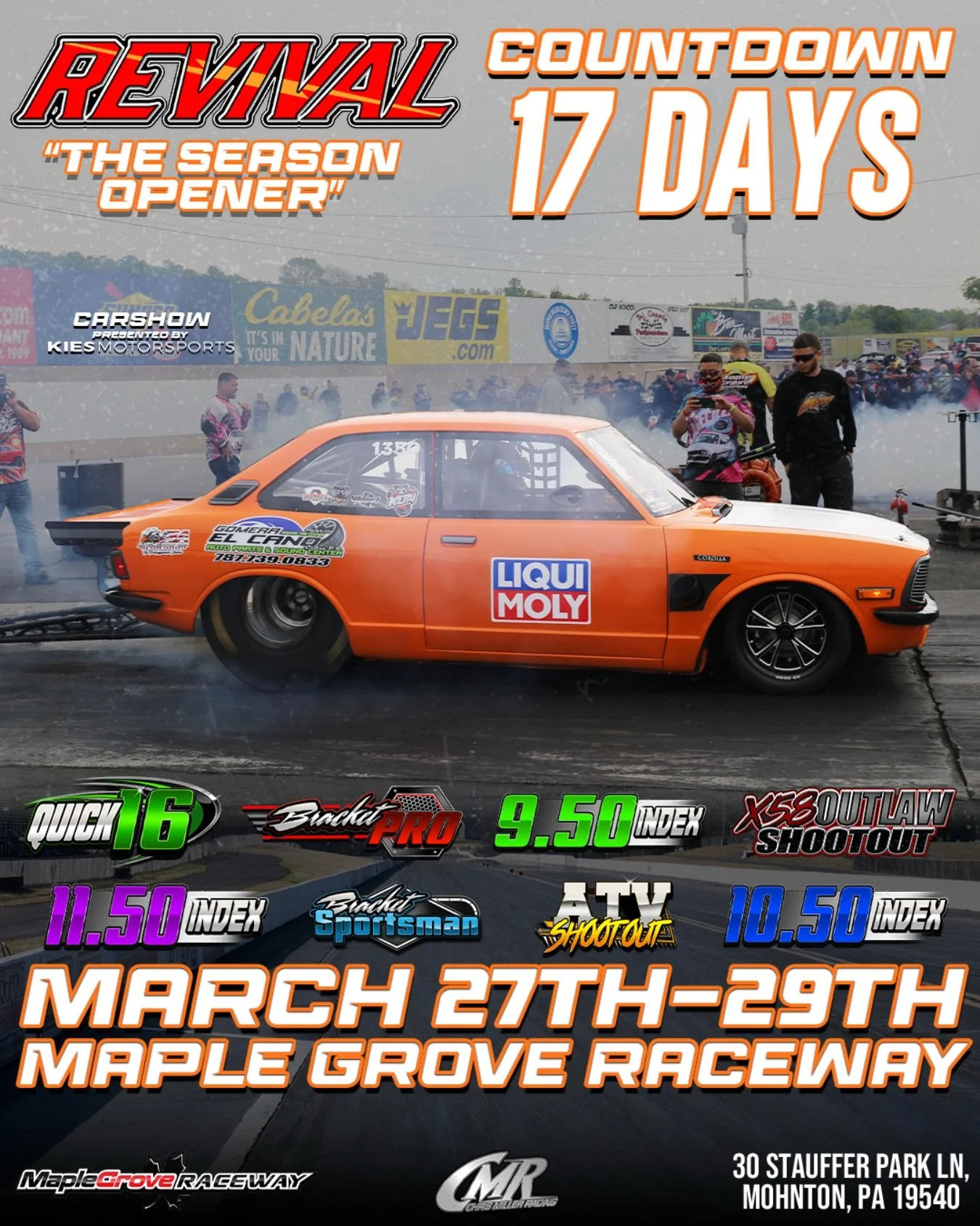 17 Days away! Getting closer and closer! Let&rsquo;s go 🔥
Instagram DM 📲 @chrismillerracing
Website 💻 www.cmrproductions.com
Email 📩 info@cmrproductions.com

#CMRProductions #Dragracing #maplegroveraceway #drifting #Pennsylvania