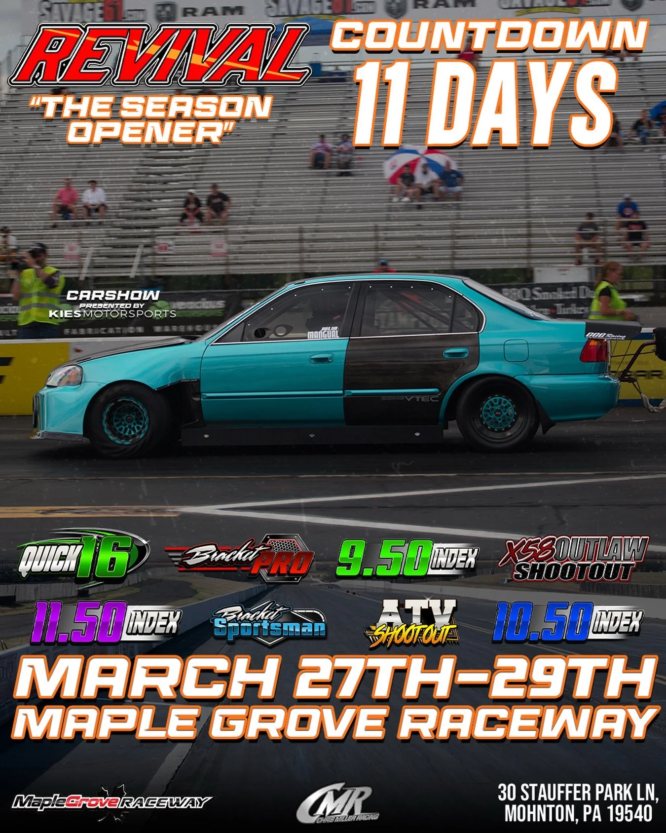 11 days away from Revival 2026 💪🔥
Instagram DM 📲 @chrismillerracing
Website 💻 www.cmrproductions.com
Email 📩 info@cmrproductions.com

#CMRProductions #Dragracing #maplegroveraceway #drifting #Pennsylvania