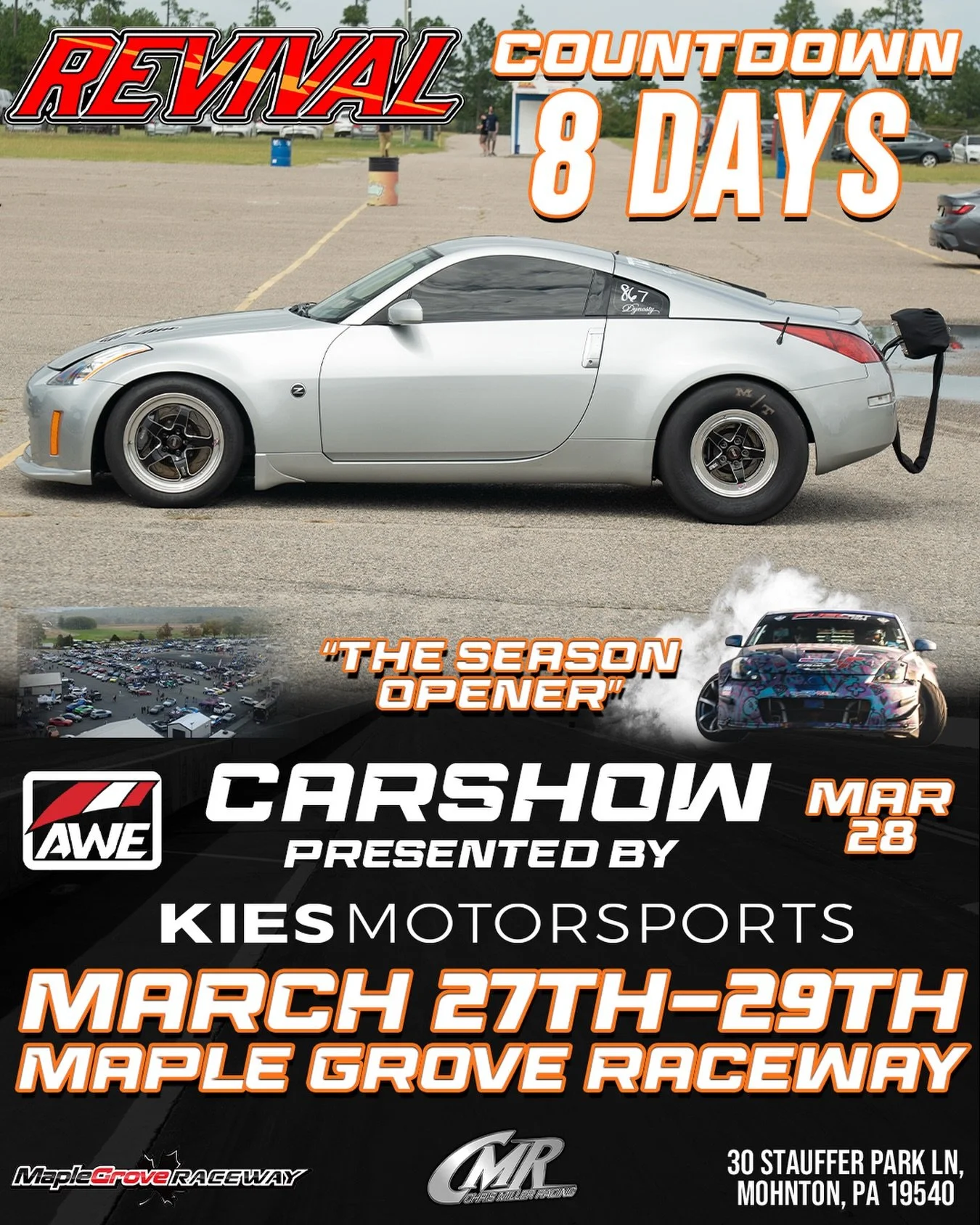 @silva350z 👀👀 
8 Days Away from Revival and the @kiesmotorsports Auto Show Presented by @awetuningofficial 
Instagram DM 📲 @chrismillerracing
Website 💻 www.cmrproductions.com
Email 📩 info@cmrproductions.com

#CMRProductions #Dragracing #maplegro