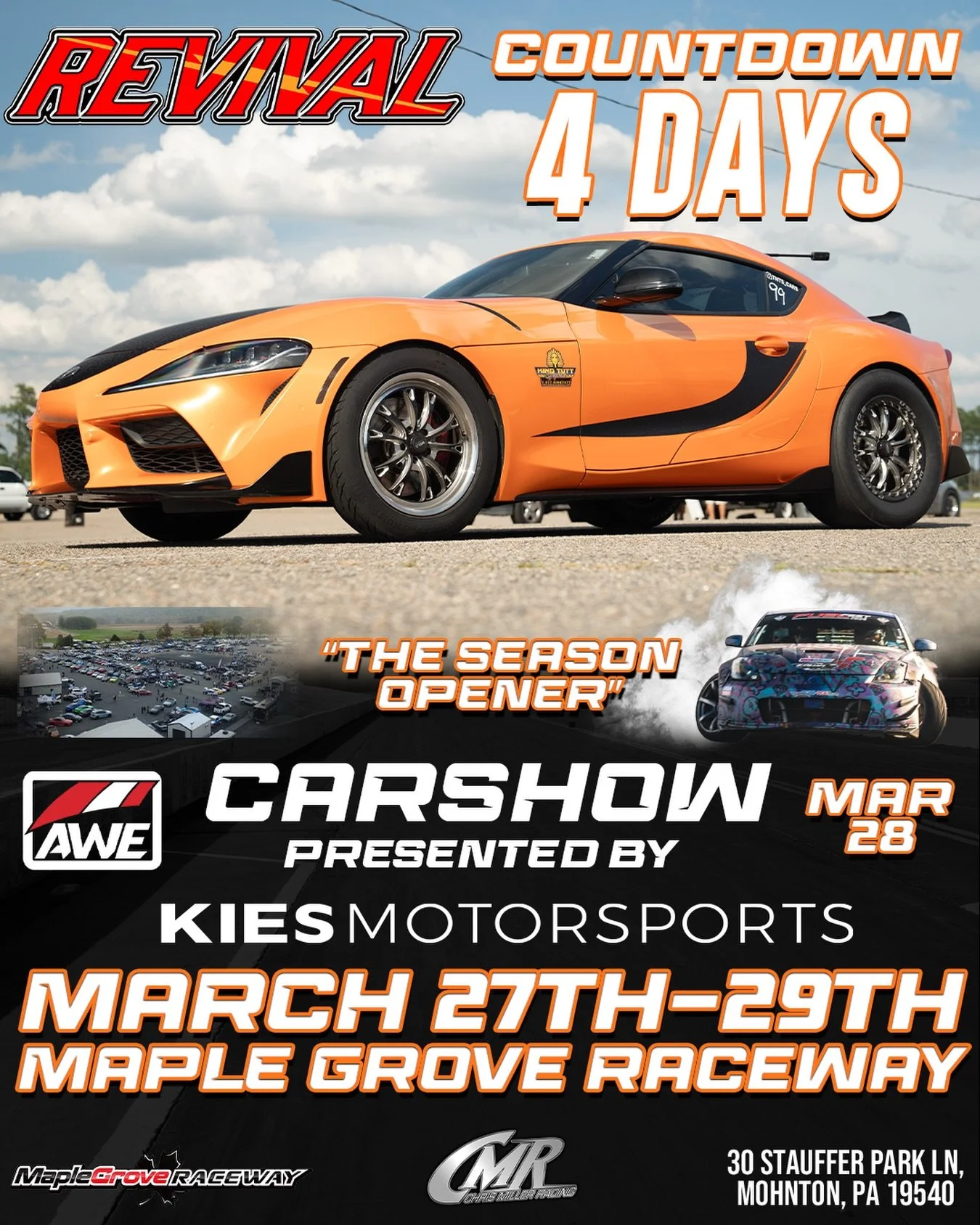 Just 4 days until Revival 🔥🔥
Instagram DM 📲 @chrismillerracing
Website 💻 www.cmrproductions.com
Email 📩 info@cmrproductions.com

#CMRProductions #Dragracing #maplegroveraceway #drifting #Pennsylvania