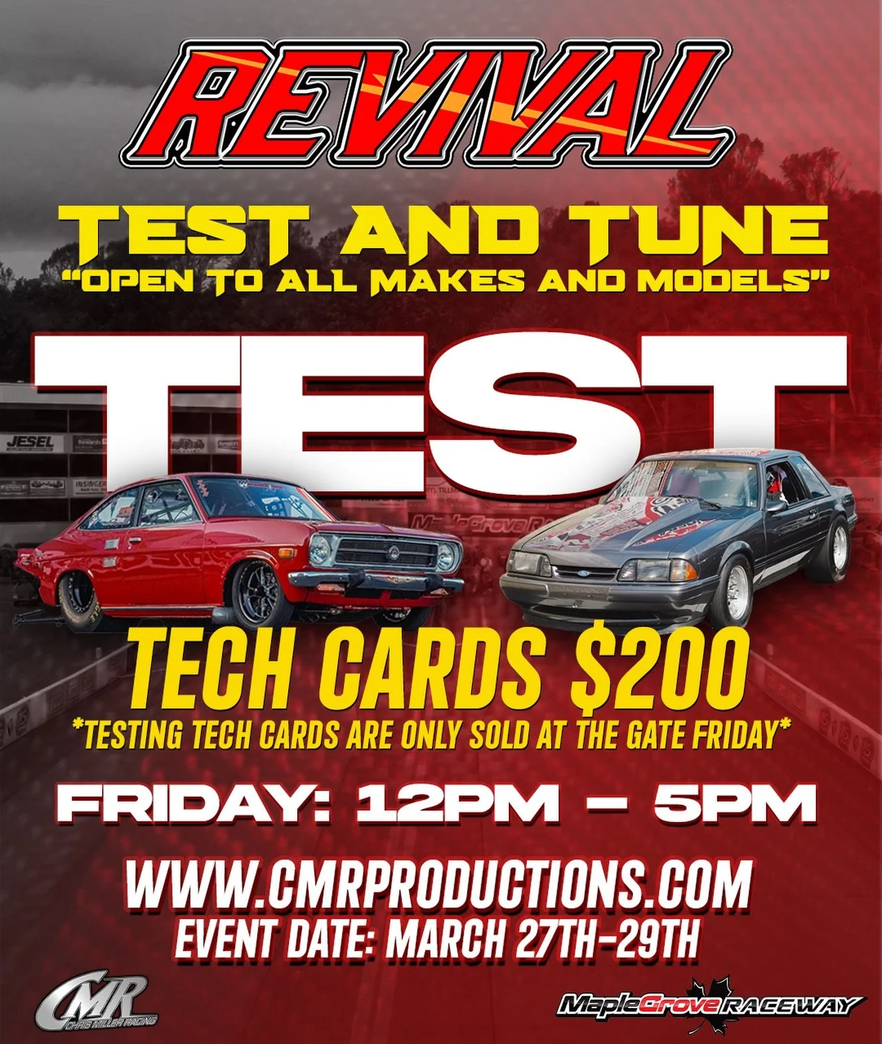 Test and tune tech cards are sold at the gate!
Testing will be from 12pm-5pm 
Right after testing Round 1 qualifying will start! 
Instagram DM 📲 @chrismillerracing
Website 💻 www.cmrproductions.com
Email 📩 info@cmrproductions.com

#CMRProductions #
