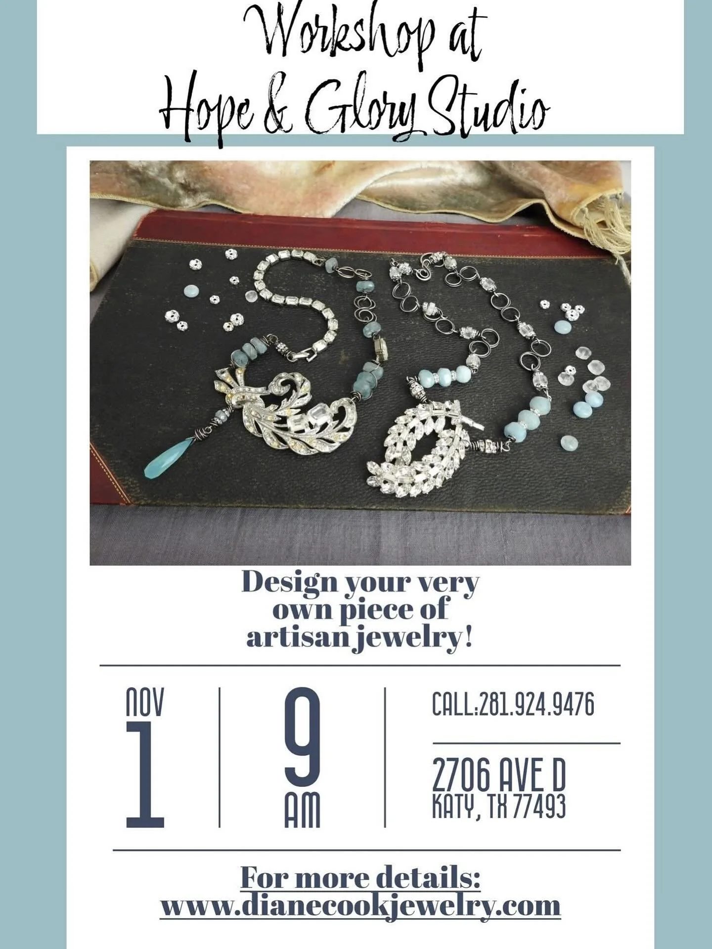 Hey y&rsquo;all!  I&rsquo;m bringing a new class to Hope &amp; Glory on November 1, 2025!  It&rsquo;s a class I taught earlier this year in Nashville, called Rhinestone Drams.  Students will design a beautiful artisan necklace, using a vintage rhines