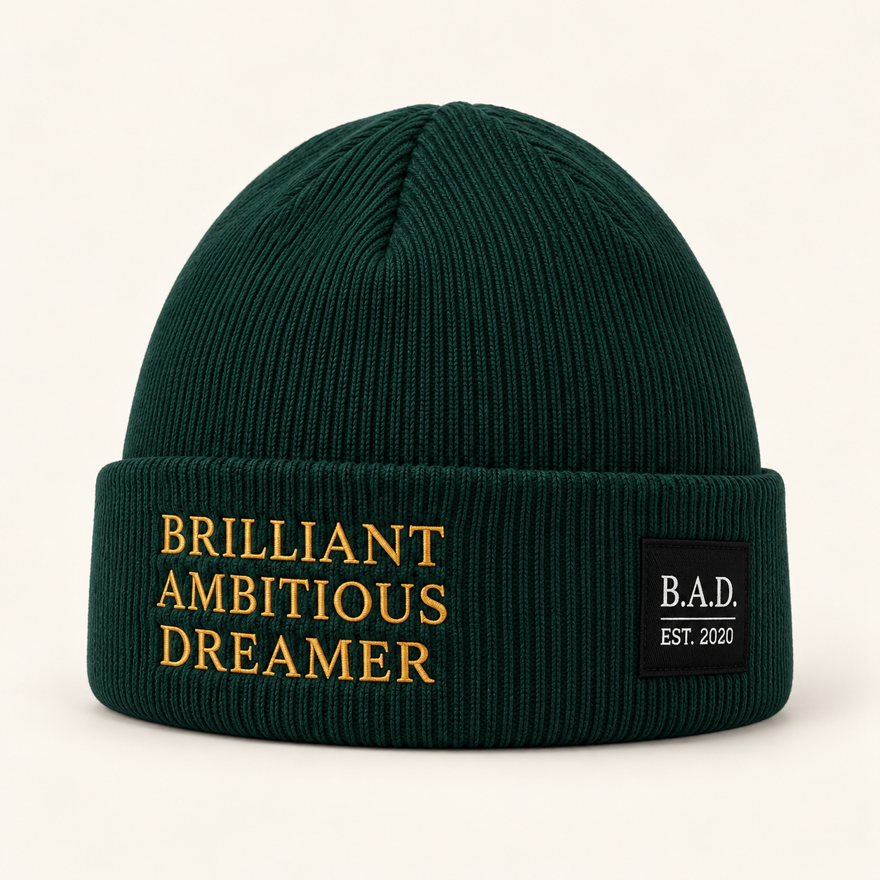 Forest green B.A.D. embroidered beanie.png