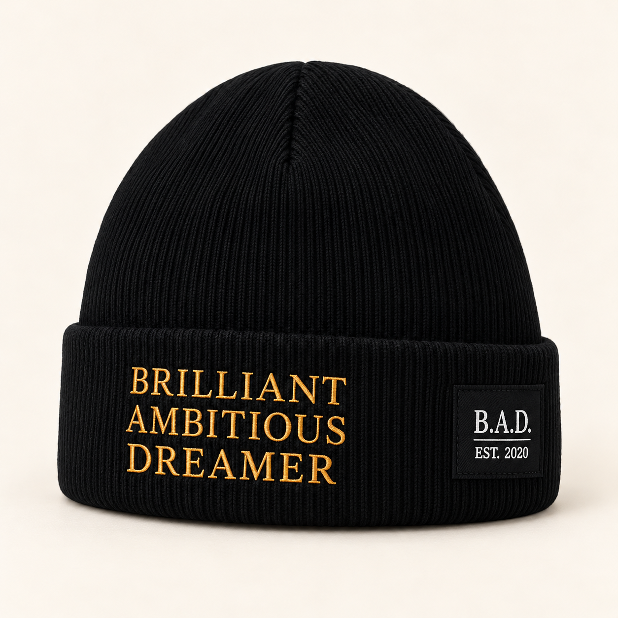 Black B.A.D. embroidered cuffed beanie.png