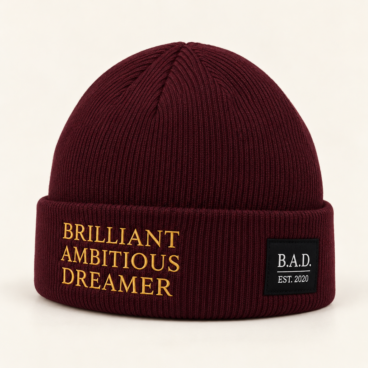 Deep maroon B.A.D. embroidered beanie.png