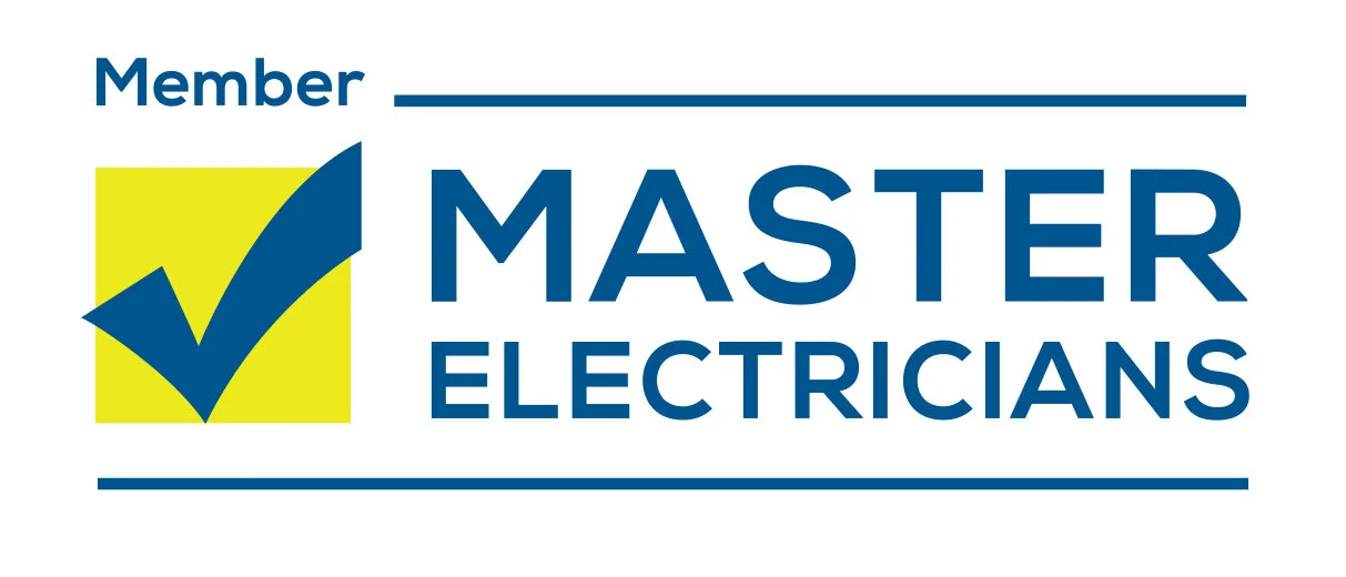 Logo for Master Electricians featuring a yellow square with a blue checkmark and the text "Member Master Electricians" in blue.