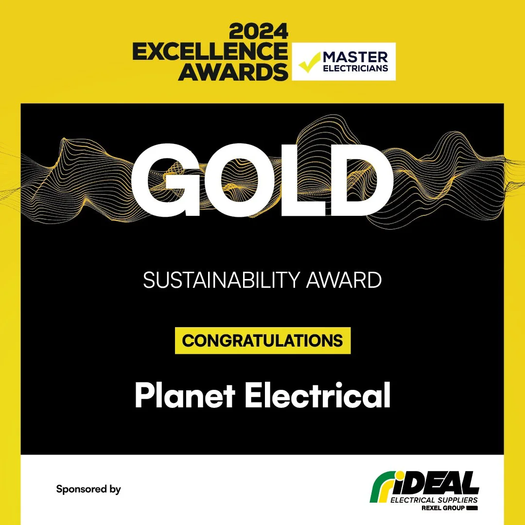 Certificate awards graphic for 2024 Master Electricians Excellence Awards with a Gold Sustainability Award presented to Planet Electrical, sponsored by Ideal Electrical Suppliers, featuring a yellow and black color scheme and wave graphic design.