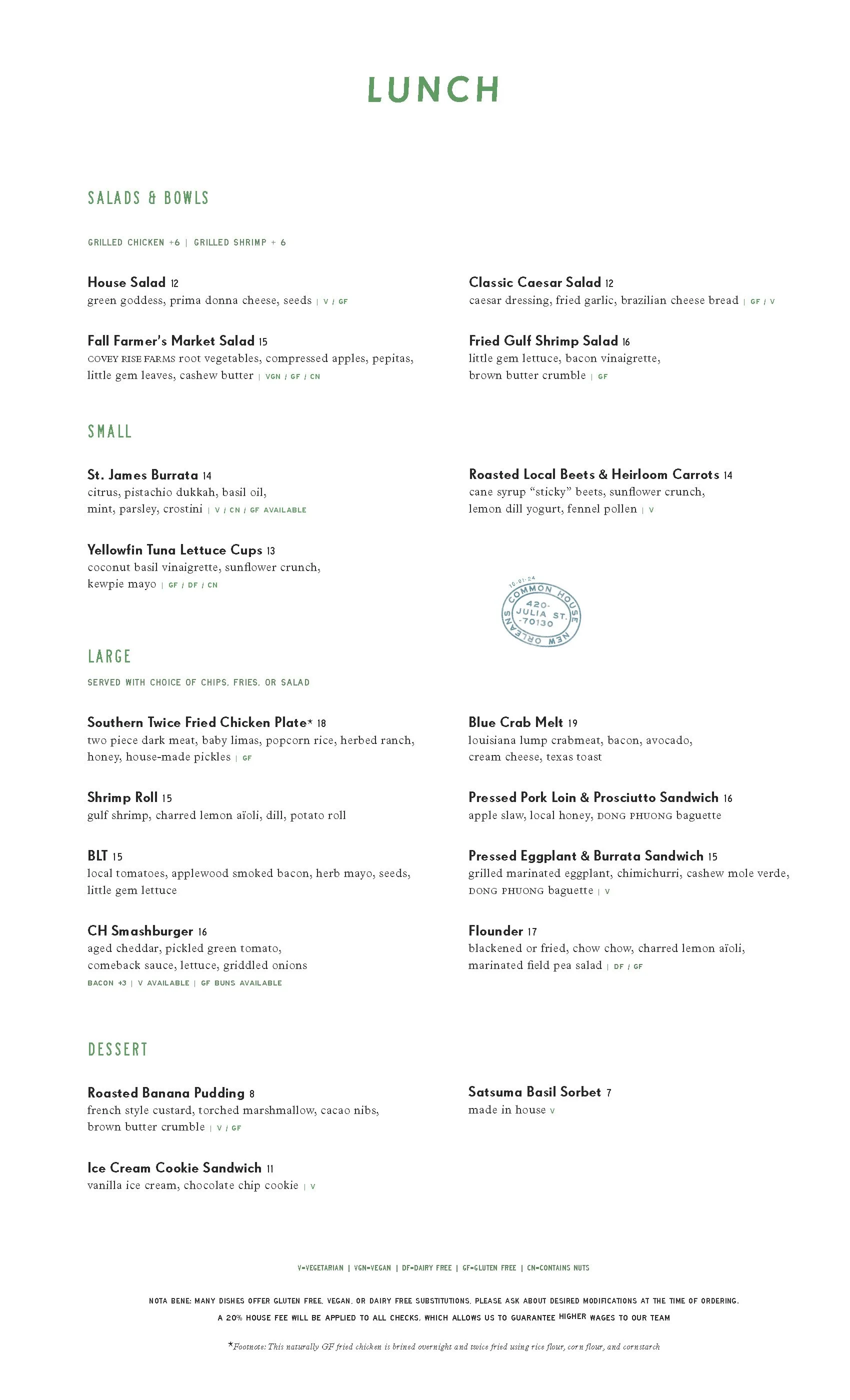 New Orleans Menu | Common House