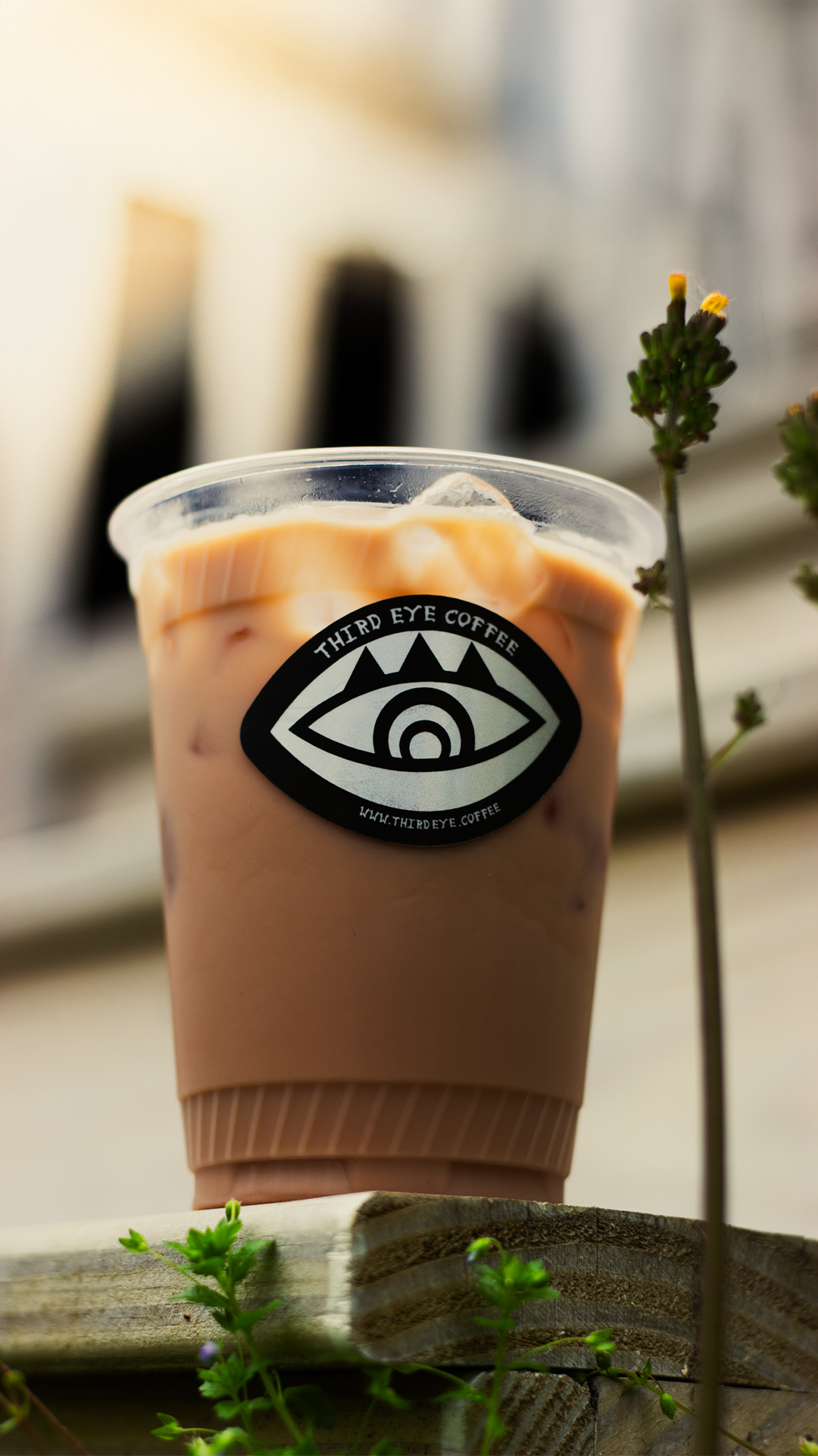 Iced coffee with milk in a plastic cup labeled 'Third Eye Coffee' with an eye logo, placed on a wooden surface with some small green plants nearby.