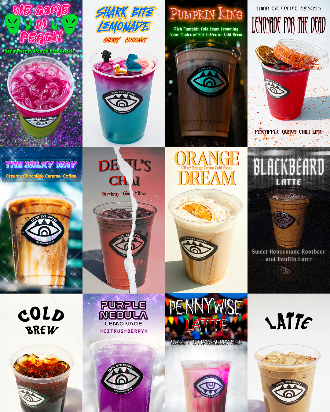 A collage of 12 different colorful coffee and beverage drinks, each with unique themes and toppings, presented in clear cups with a black eye logo, featuring vibrant backgrounds and text describing each drink.