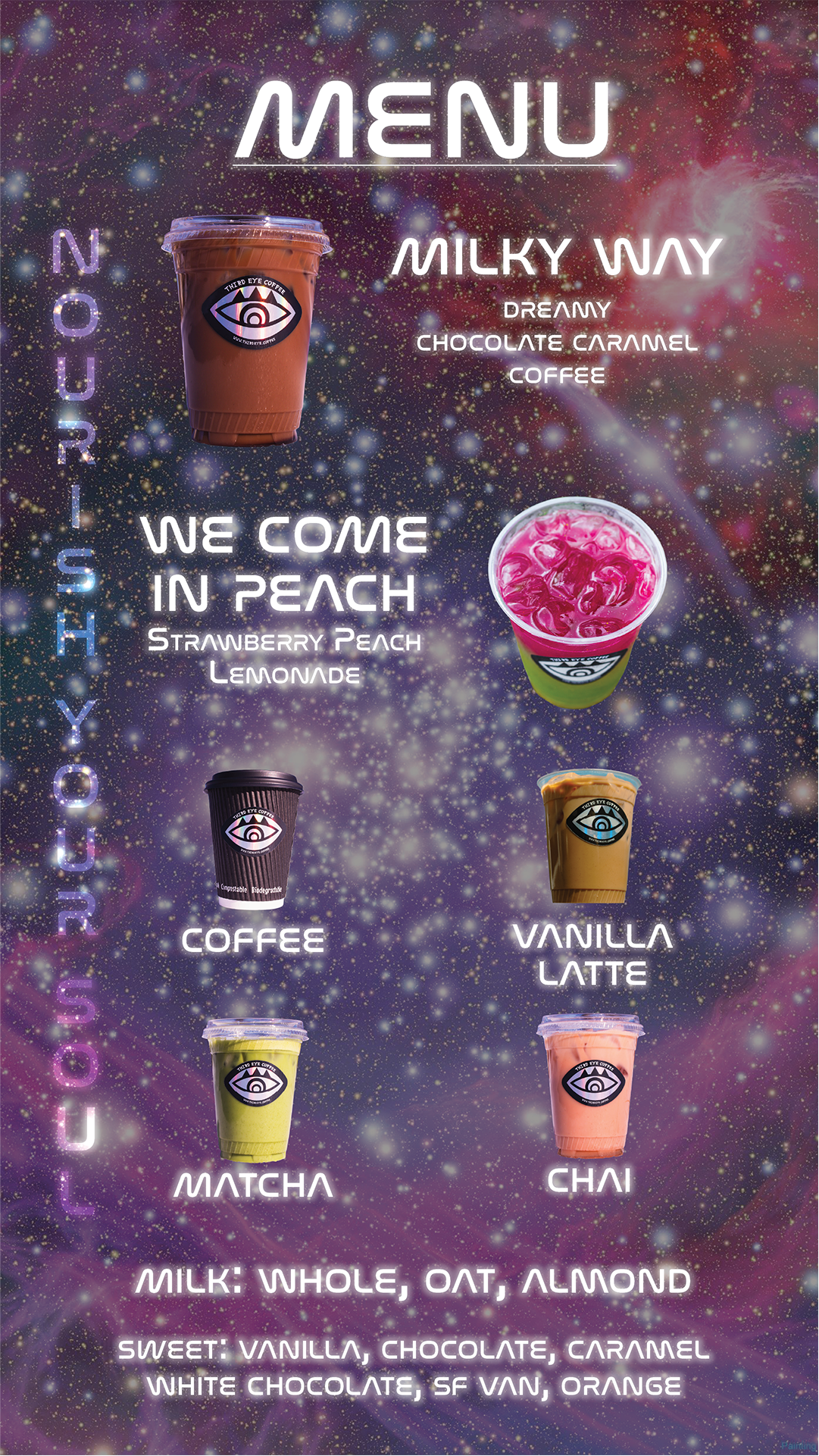 Cosmic-themed menu board featuring various coffee drinks with images of each drink, including chocolate caramel coffee, strawberry peach lemonade, coffee, vanilla latte, matcha, and chai, with menu descriptions and options for milk and sweet flavors.