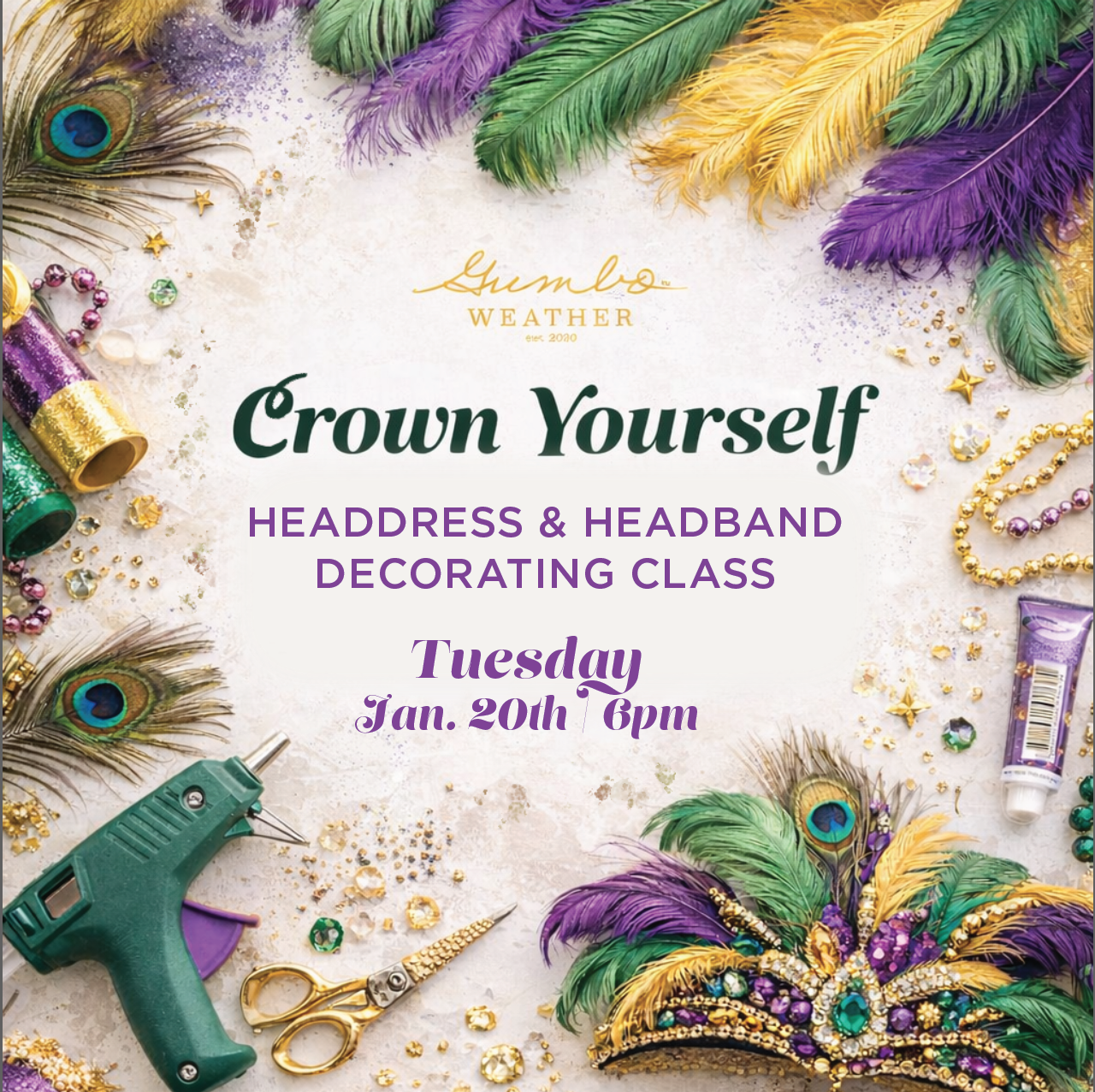 Crown Yourself: A Mardi Gras Headdress Decorating Class