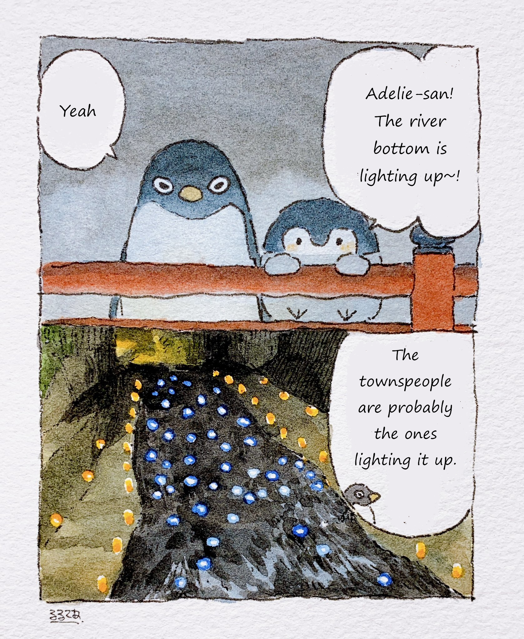  K: Adelie-san! The river bottom is lighting up~!  A: Yeah  A: The townspeople are probably the ones lighting it up. 