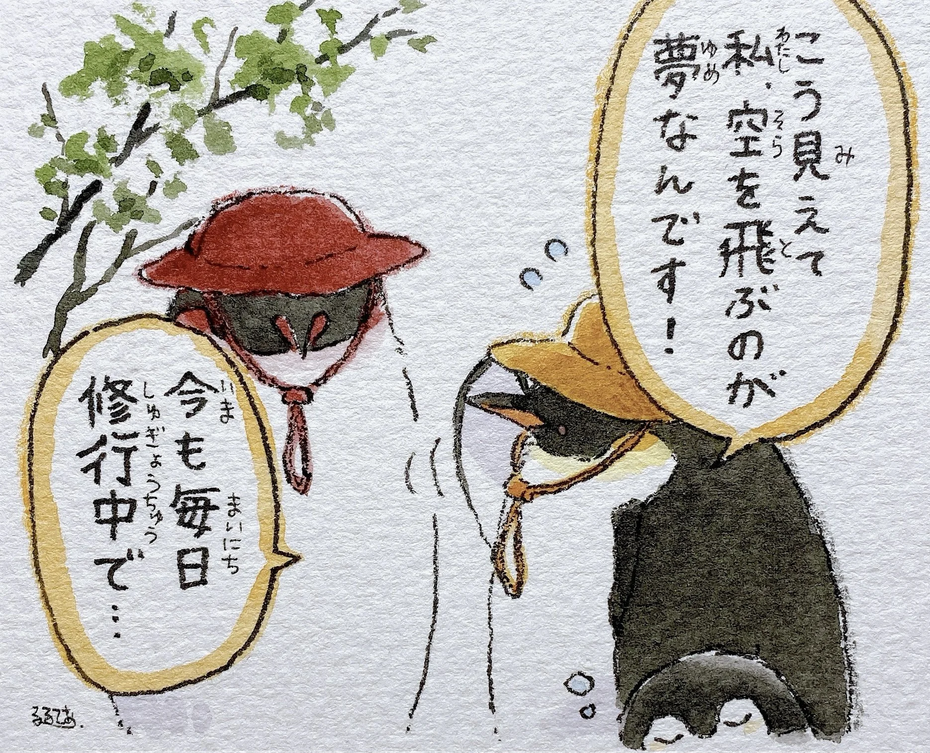   Adult Penguin-san:  In spite of appearances, it’s my dream to soar through the sky! I’m still training every day… 