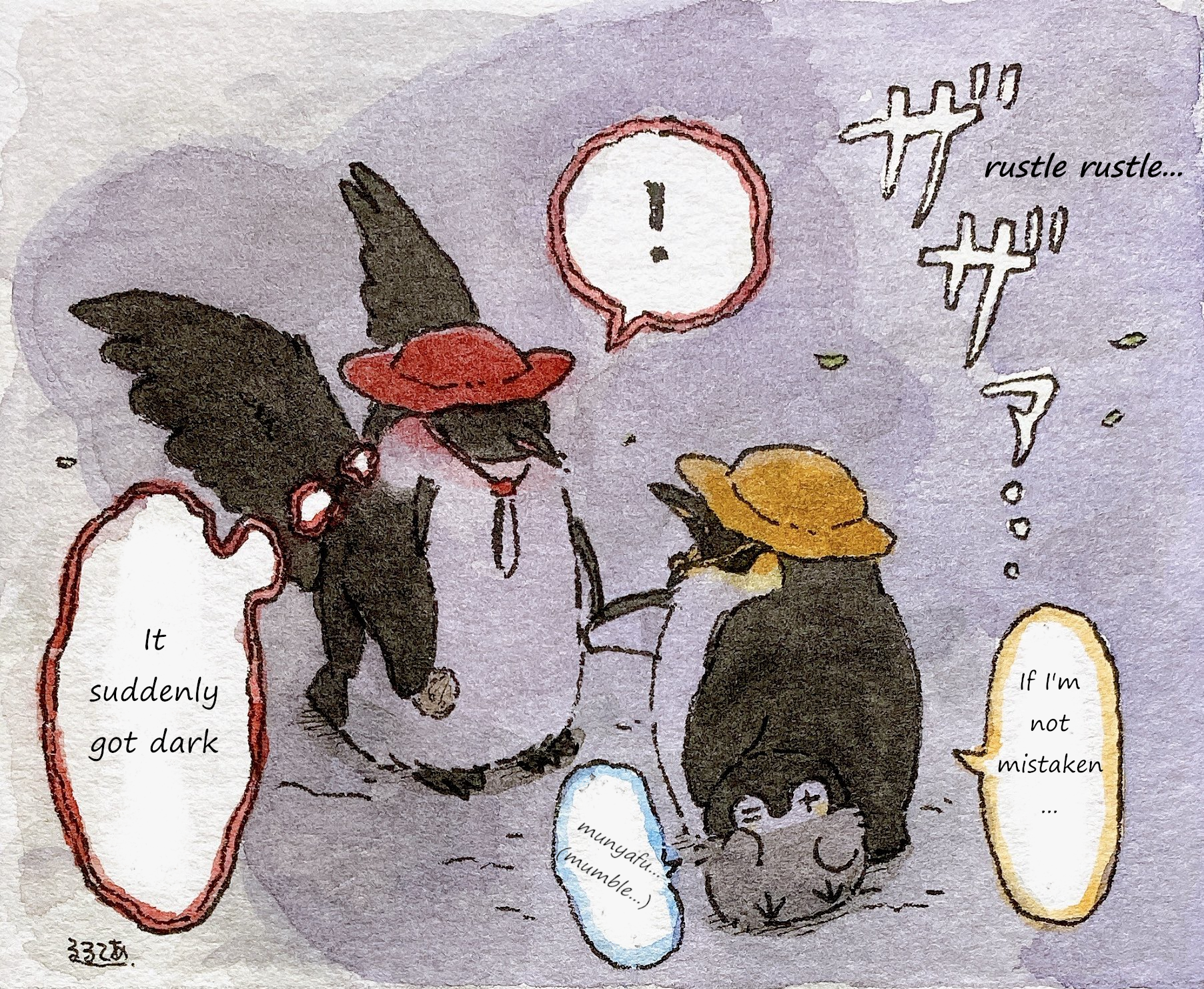   rustle rustle…    Other Adult Penguin-san (???):  !&nbsp;   Other Adult Penguin-san (???):  (thinking: It suddenly got dark)   Adult Penguin-san:  If I’m not mistaken…   Koupen-chan:   munyafu…  (mumble mumble…) 