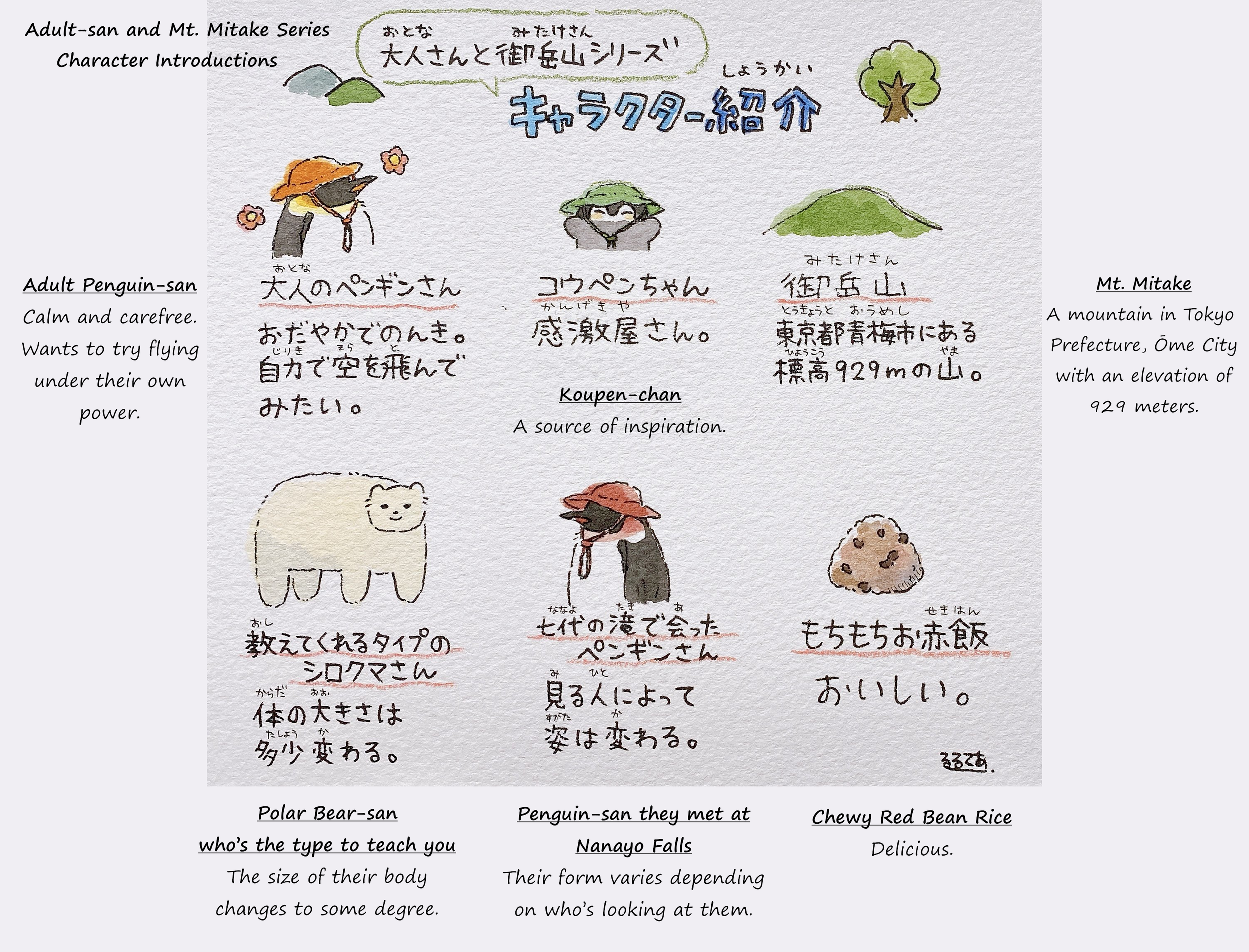 Character introductions for Adult-san and Mt. Mitake Series
