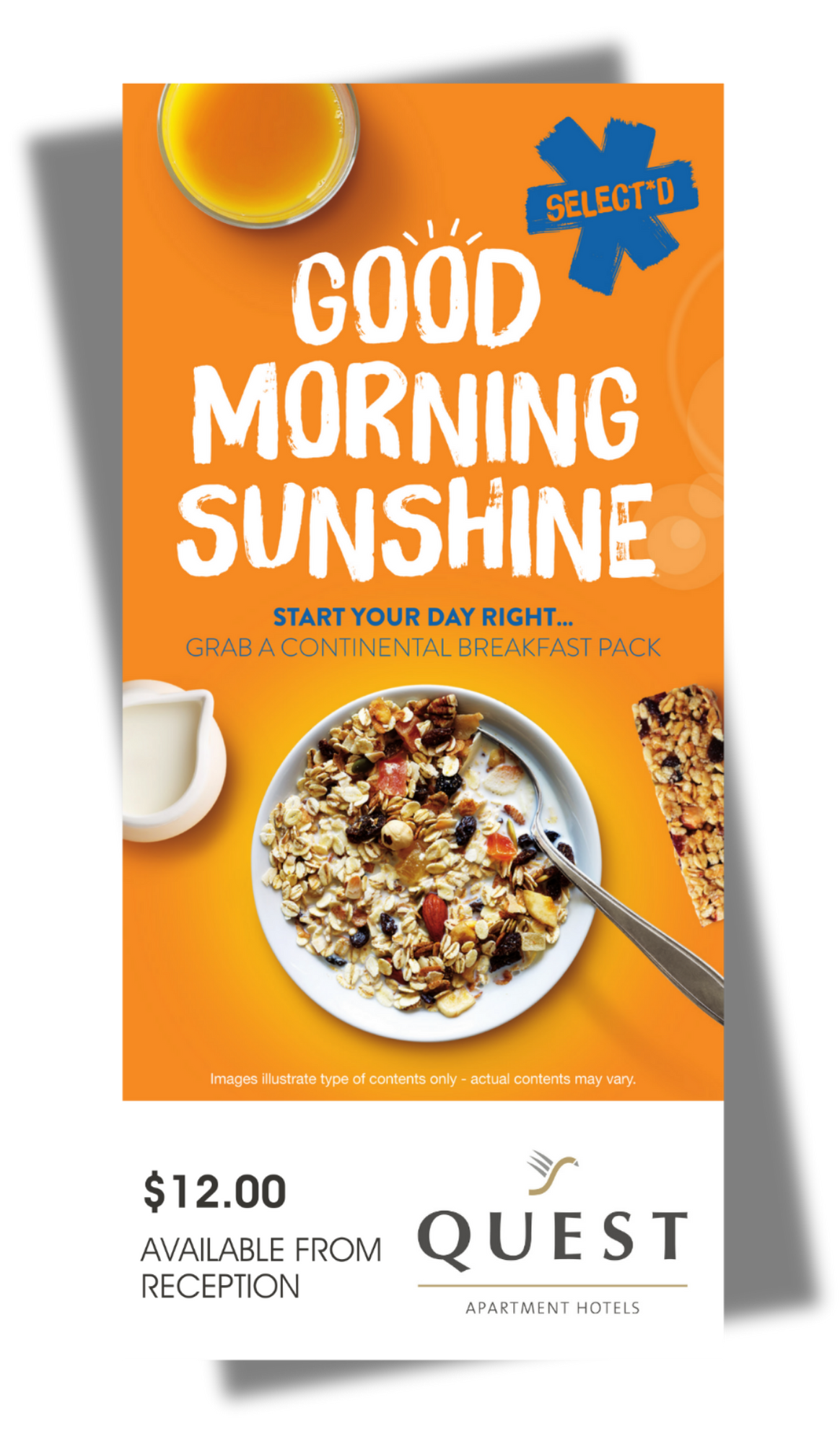 In-room marketing flyer promotion continental breakfast packs showing bowl of granola, muesli bar, milk, bowl & metal spoon
