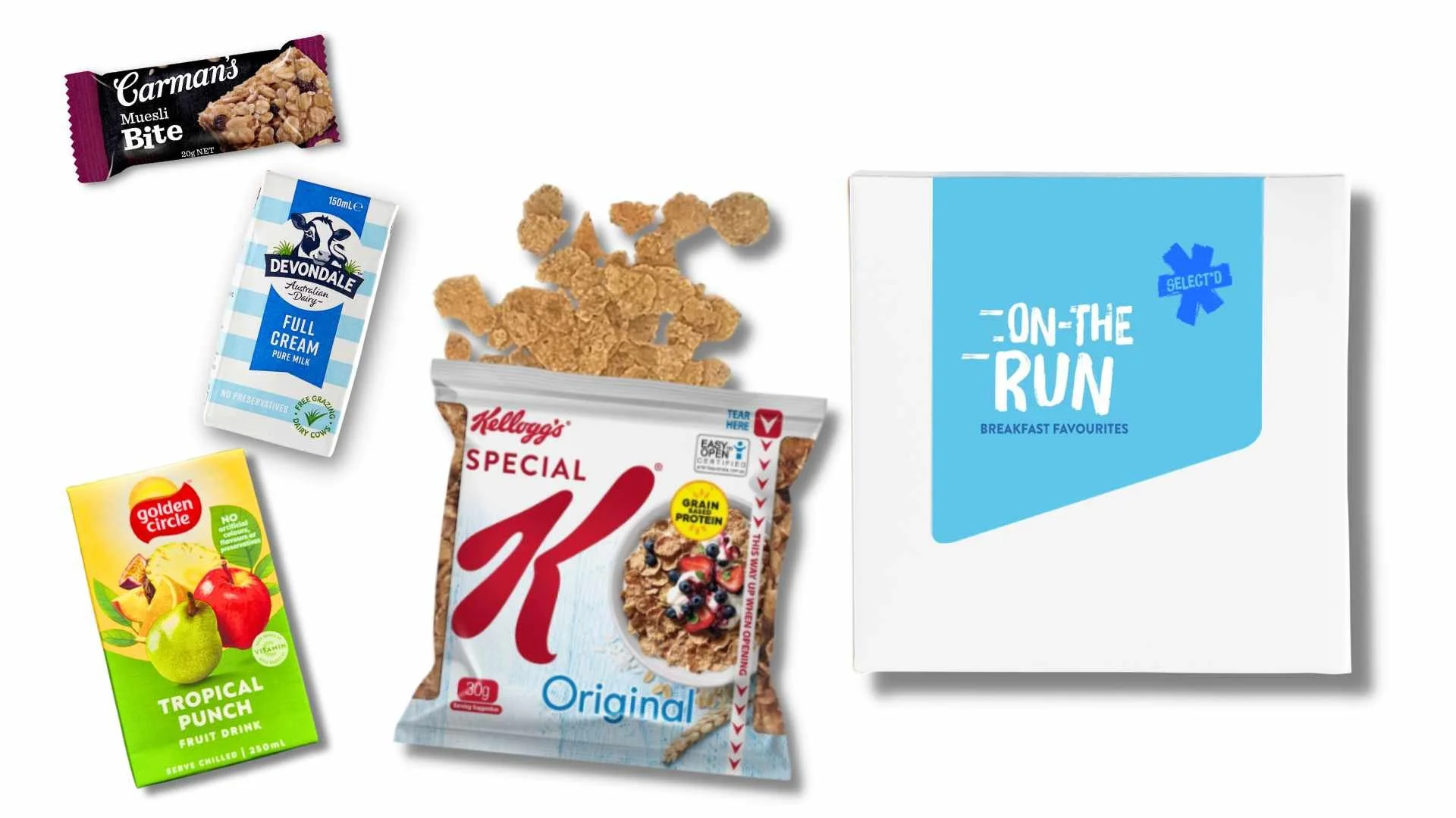 Assorted breakfast items including Carman's Muesli Bite, Devondale Full Cream milk, Golden Circle Tropical Punch, Kellogg's Special K cereal, and an "On-The-Run" breakfast pack.