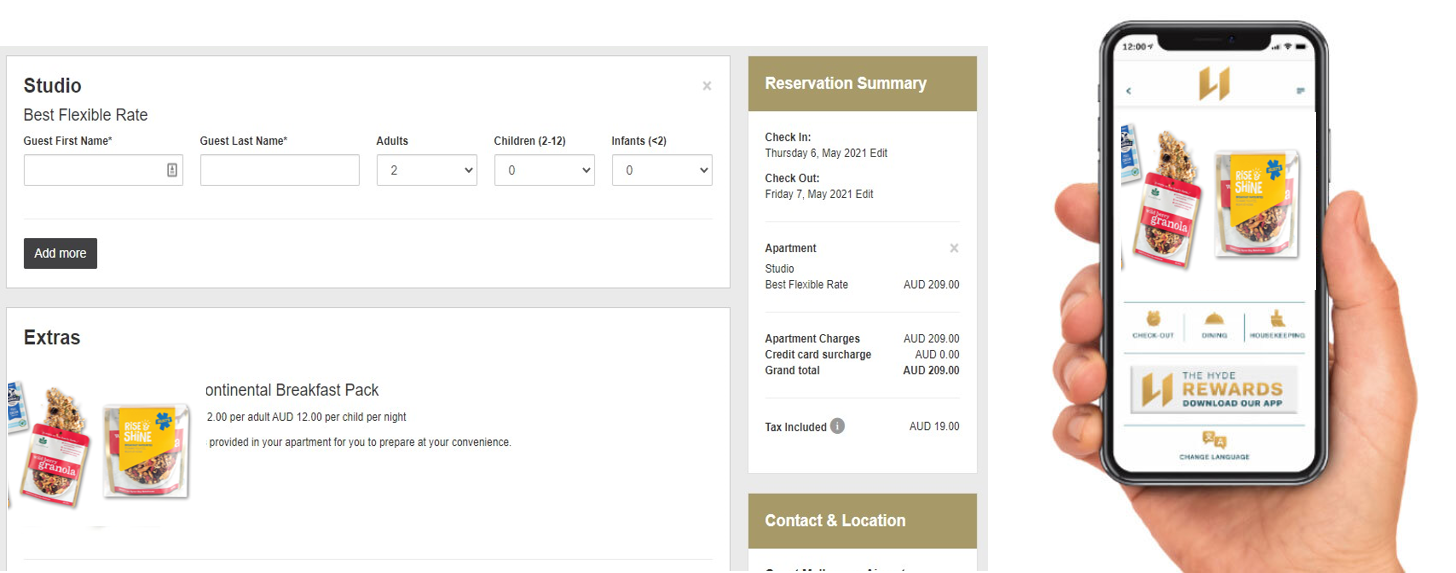 Hotel booking page shows reservation and continental breakfast pack options, with a hand holding a smartphone displaying a related app.