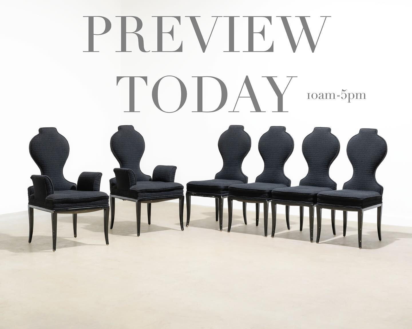 We&rsquo;re open today from 10 am until 5 pm for in person preview of our Modern Interiors 2 Auction that is taking place this Sunday. Come check out these #tommiparzinger dining chairs !